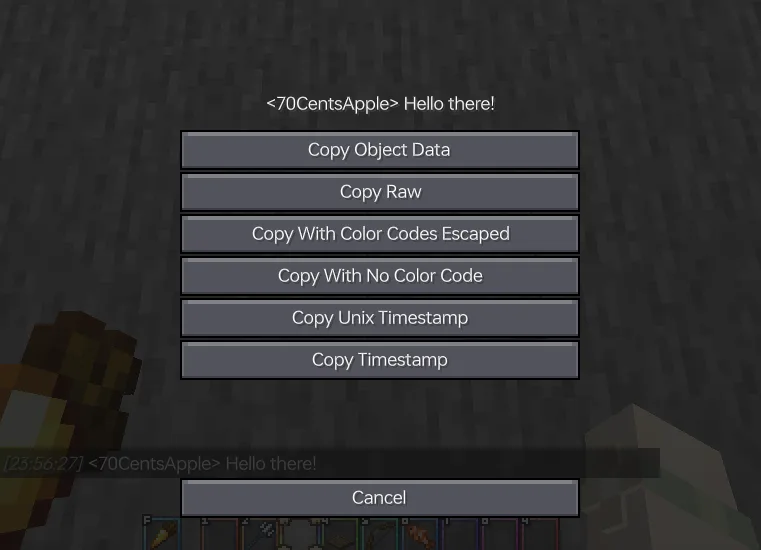 Скриншот интерфейса мода Chat Tools с функцией копирования текста.