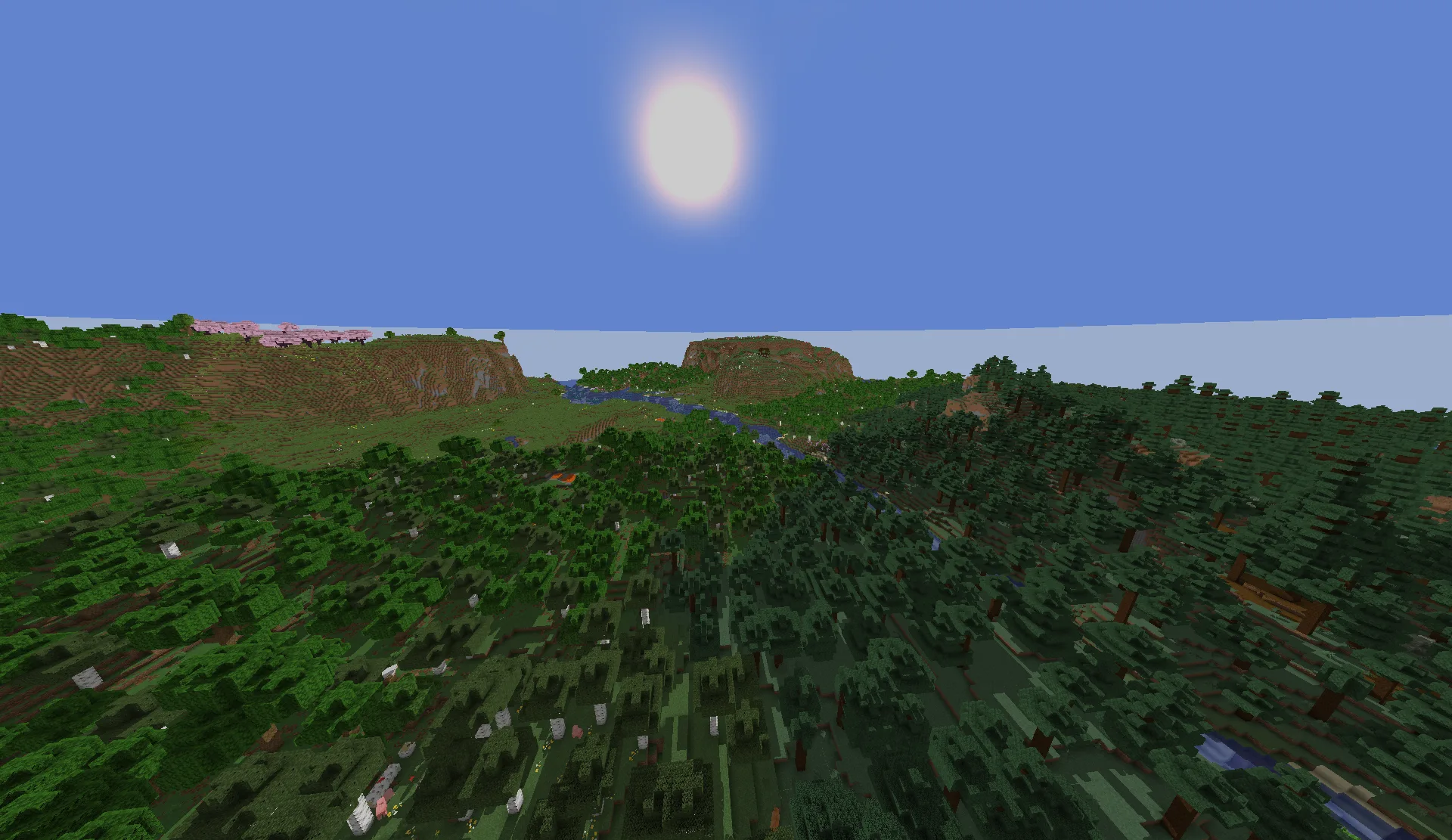 Мир Minecraft с активным шейдером Ember, демонстрирующий тени.