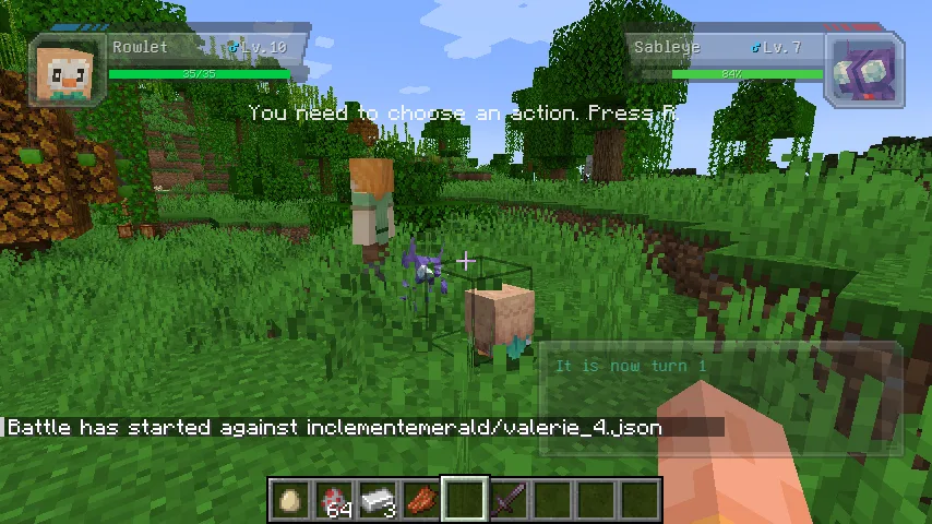 Битва с NPC-тренером в моде Cobblemon.