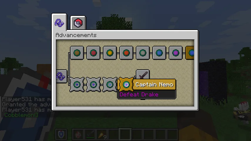 Экран достижений в моде Cobblemon, отображающий прогресс битвы тренеров.