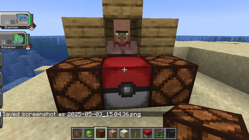 Деревенский житель с профессией инженера покеболов в проекте Cobblemon Trainer Battle.