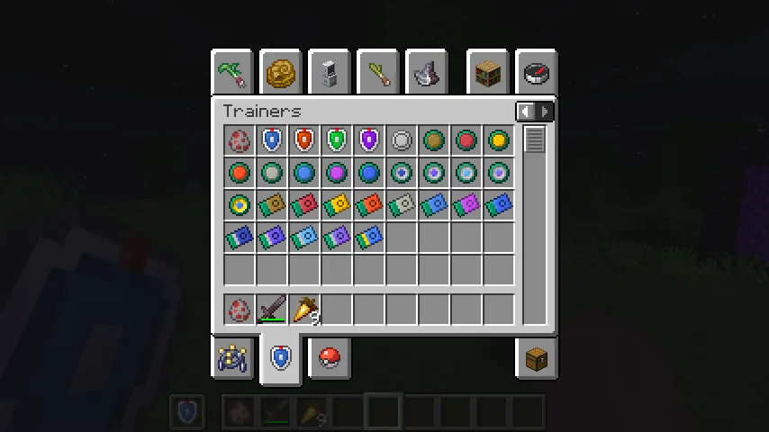 Игровой интерфейс выбора предметов для сражения тренеров в Cobblemon.