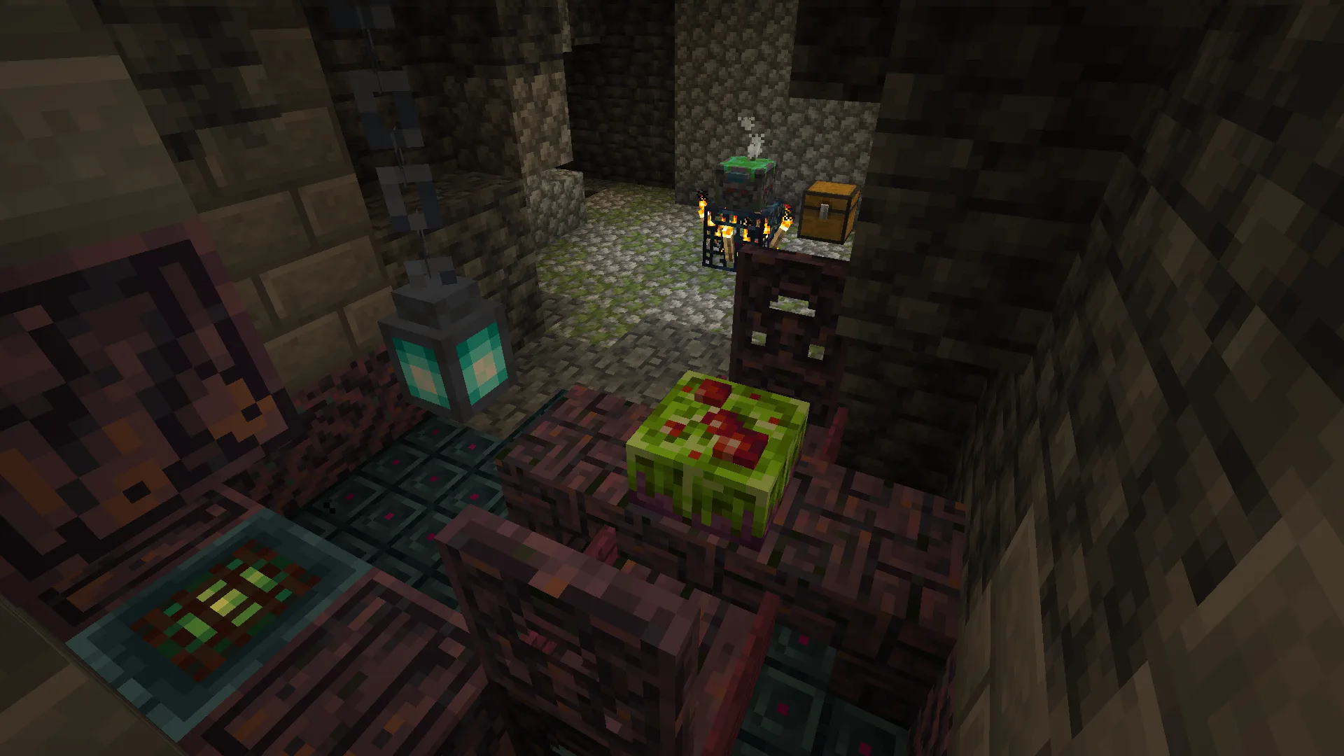 Торт в виде монстра на кухонном столе в стиле подземелья.