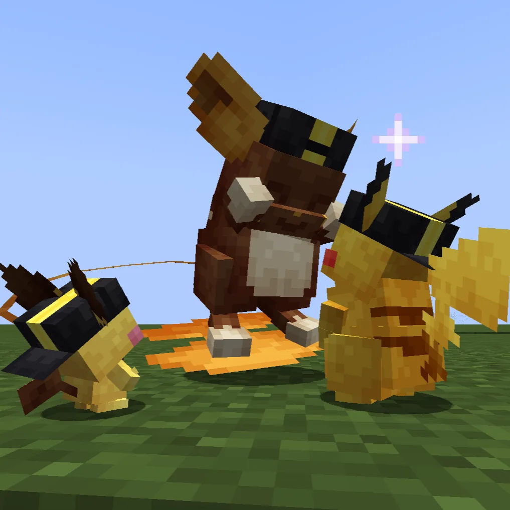 Персонажи Cobblemon в различных головных уборах.