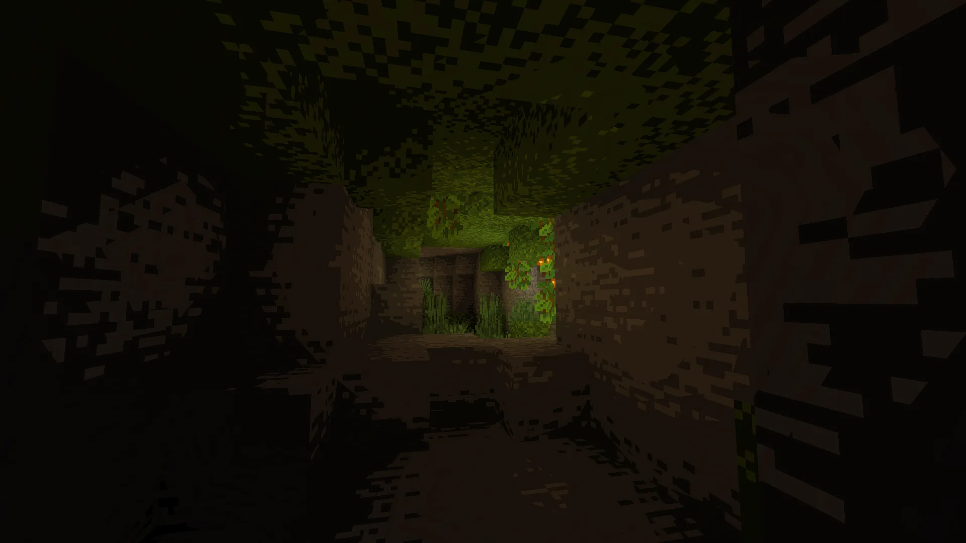 Вид пышной пещеры в ванильных текстурах с шейдером cel shader.