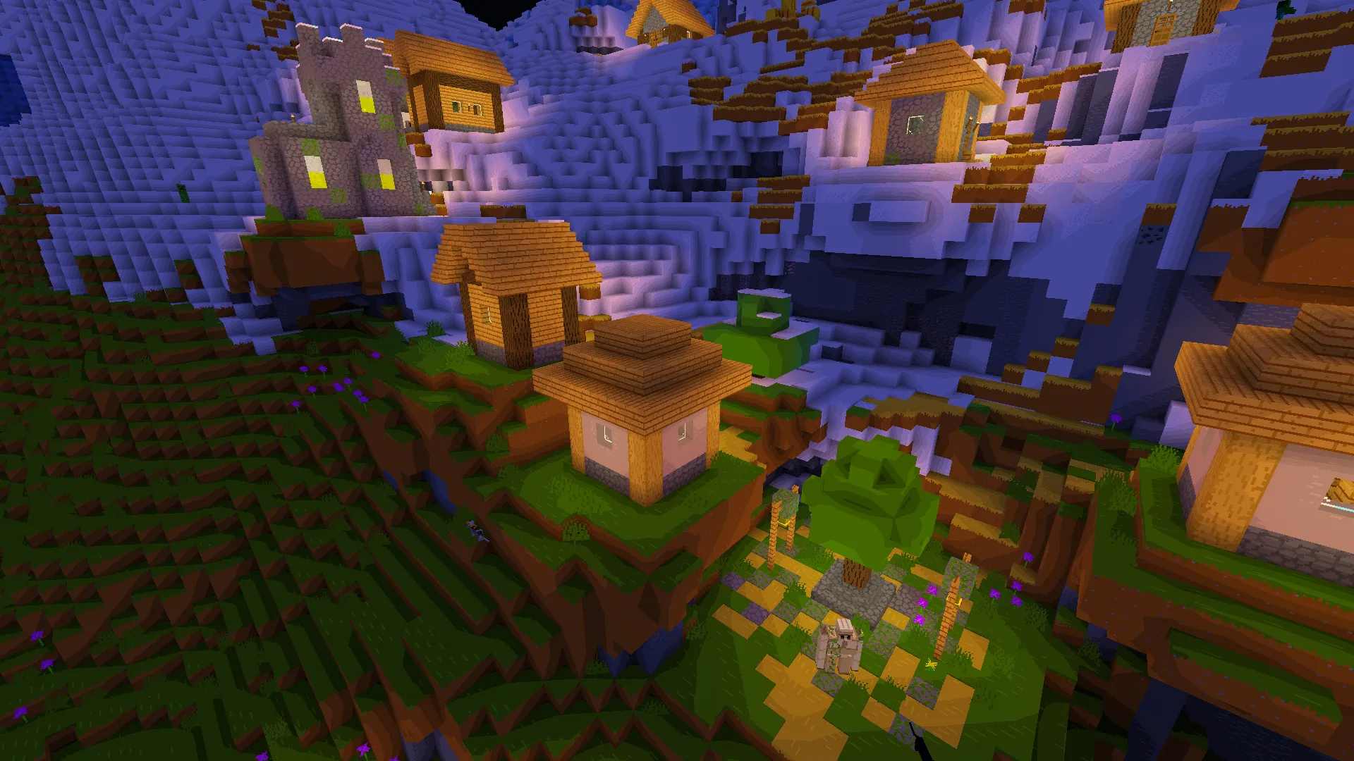 Деревня на холме ночью, стилизованная под cel shader с текстурпаком Bare Bones.