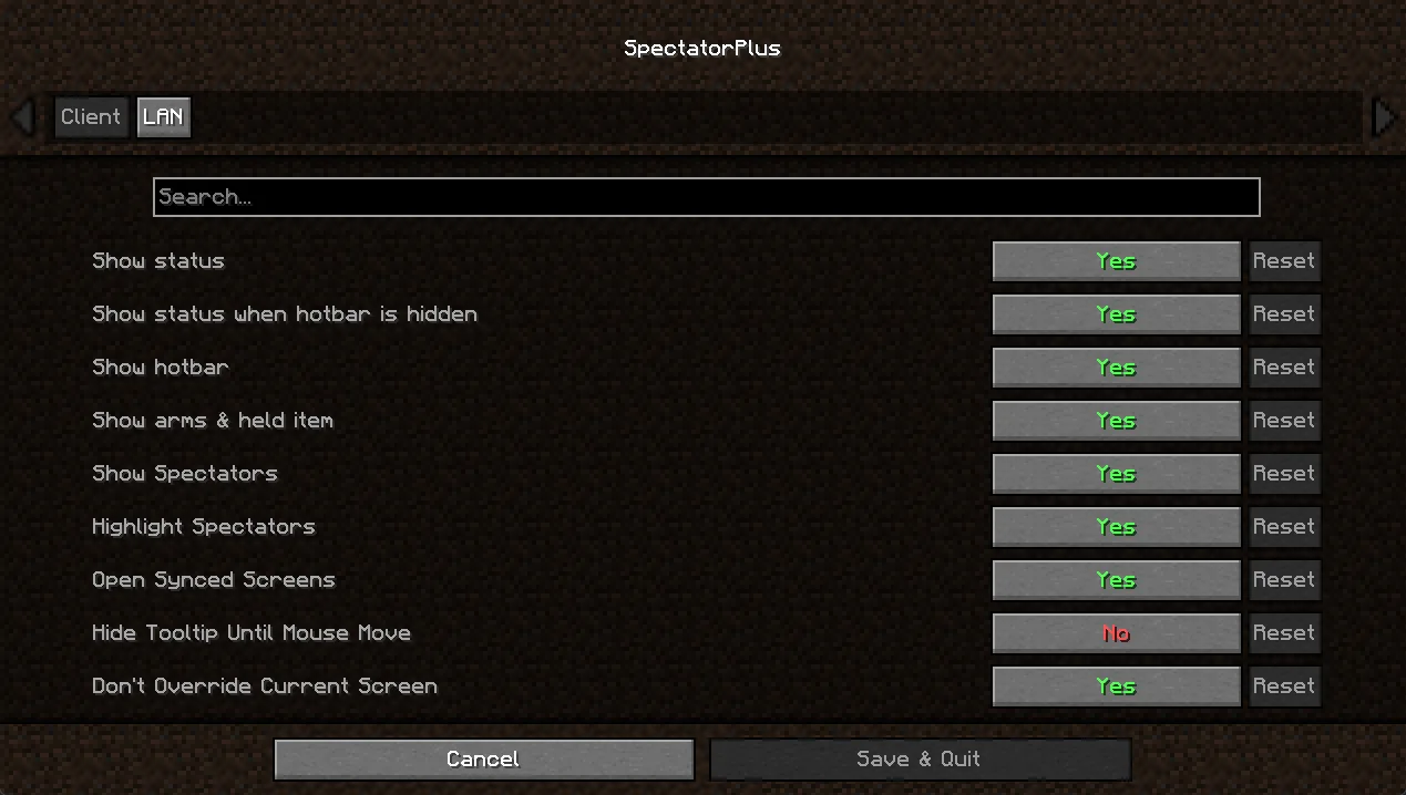 Меню настроек мода SpectatorPlus с установленными Mod Menu и Cloth Config