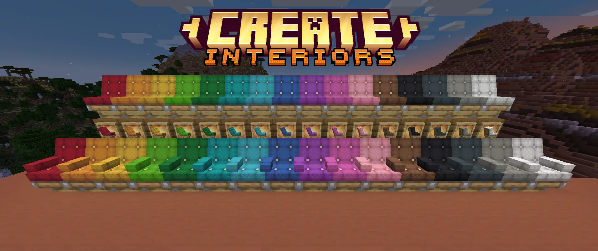 Демонстрация всех блоков стульев из мода Create: Interiors с логотипом проекта.