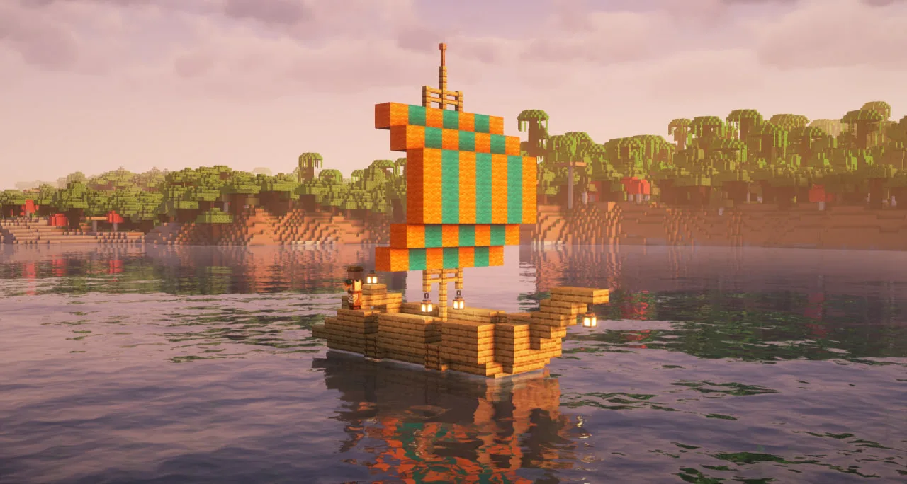 Корабль из дубовых блоков в Minecraft.