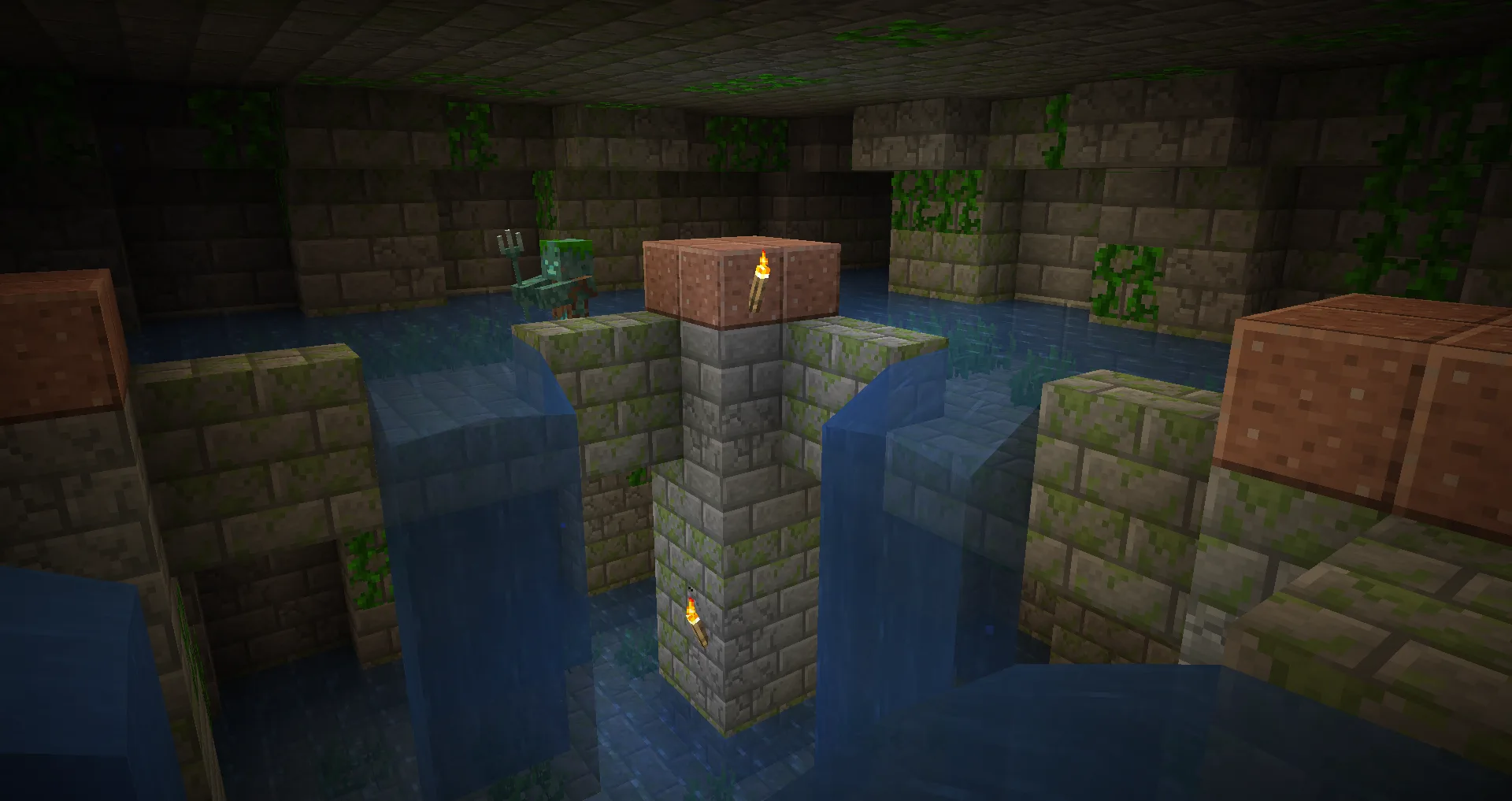 Затопленные заросшие комнаты из мшистого каменного кирпича с крипером, слаймом и утопленником.