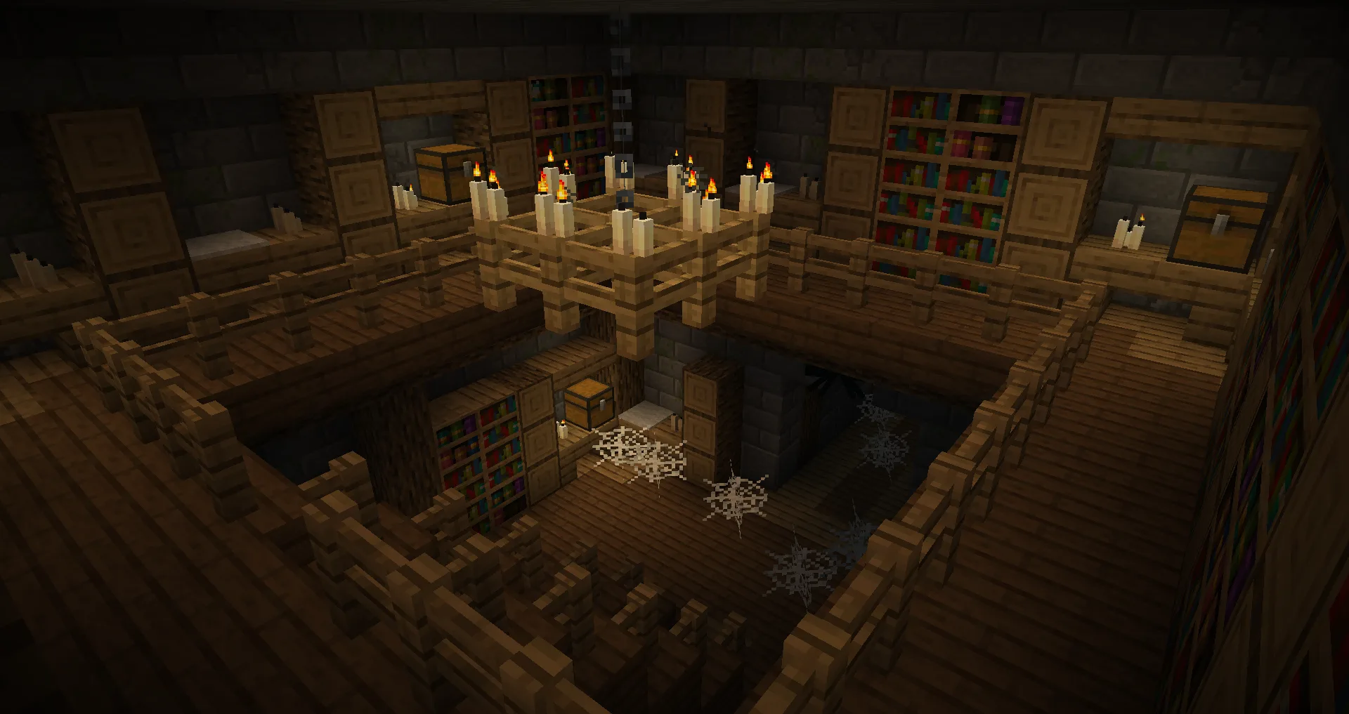 Библиотека в крепости с книжными полками, спрятанными зачарованными книгами, пещерными пауками и уникальными зомби-библиотекарями.