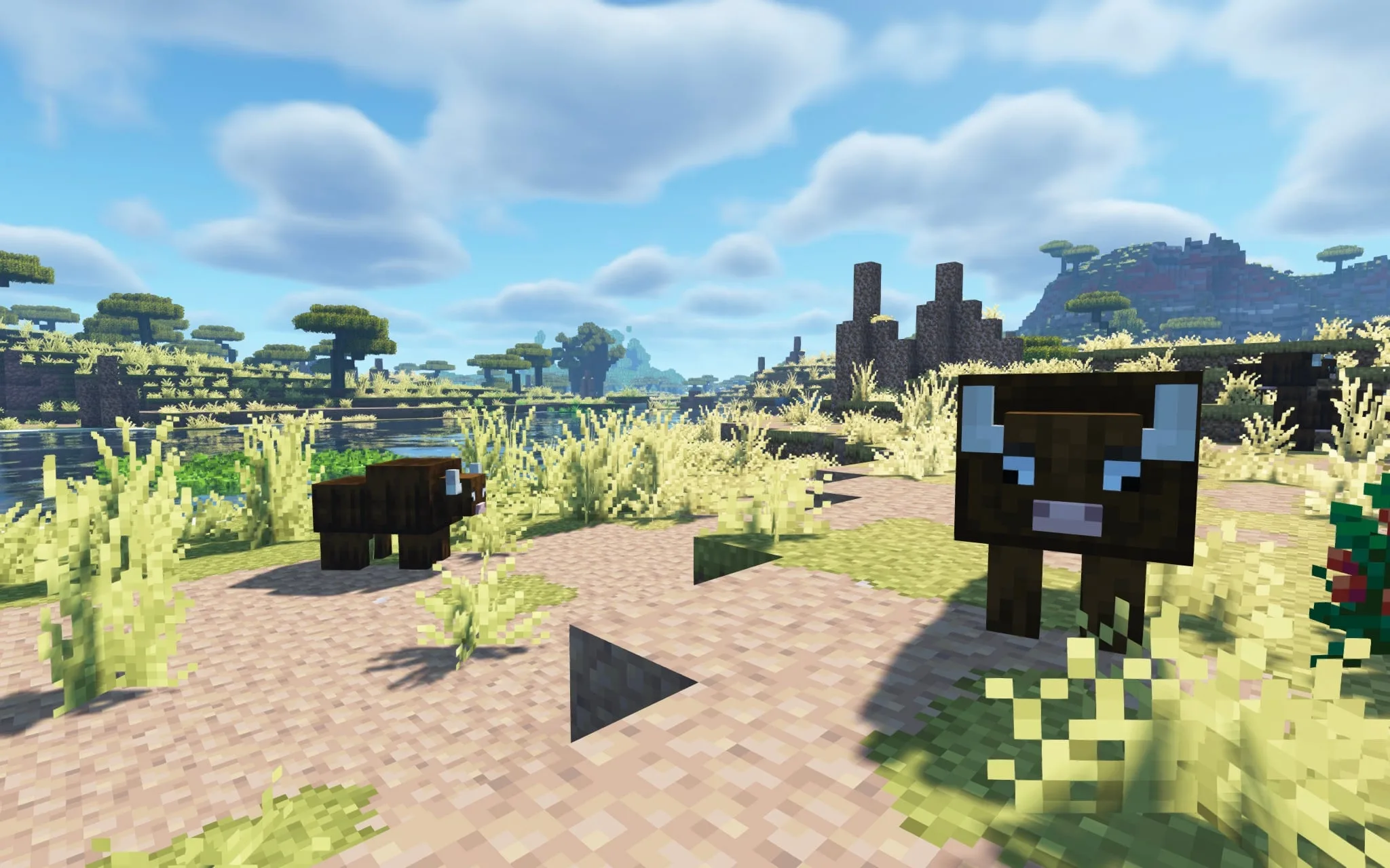 Два буйвола стоят на цветочной поляне в Minecraft из мода [Let's Do] Meadow.