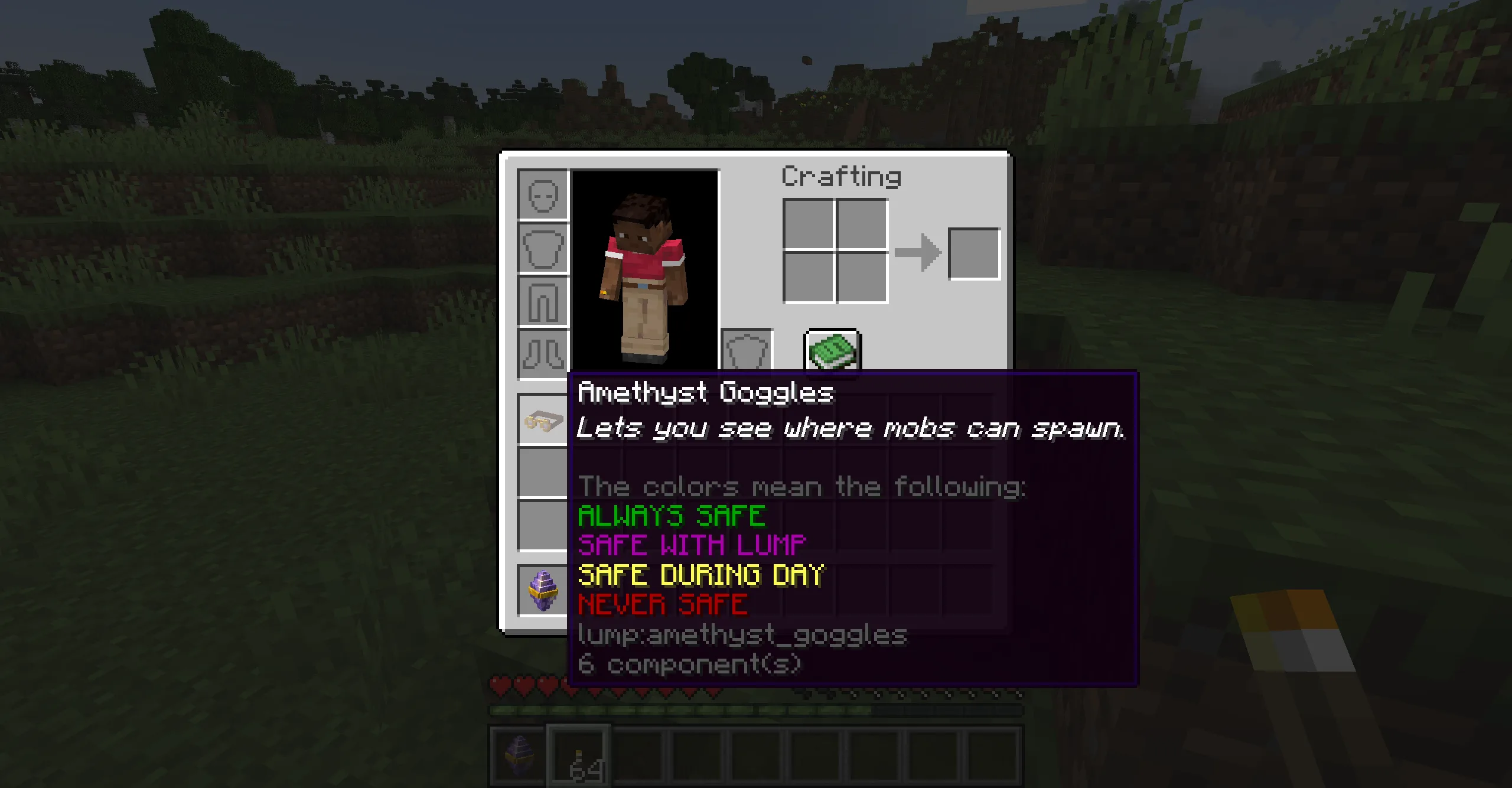 Подсказка к аметистовым очкам с цветовой легендой уровней освещенности.