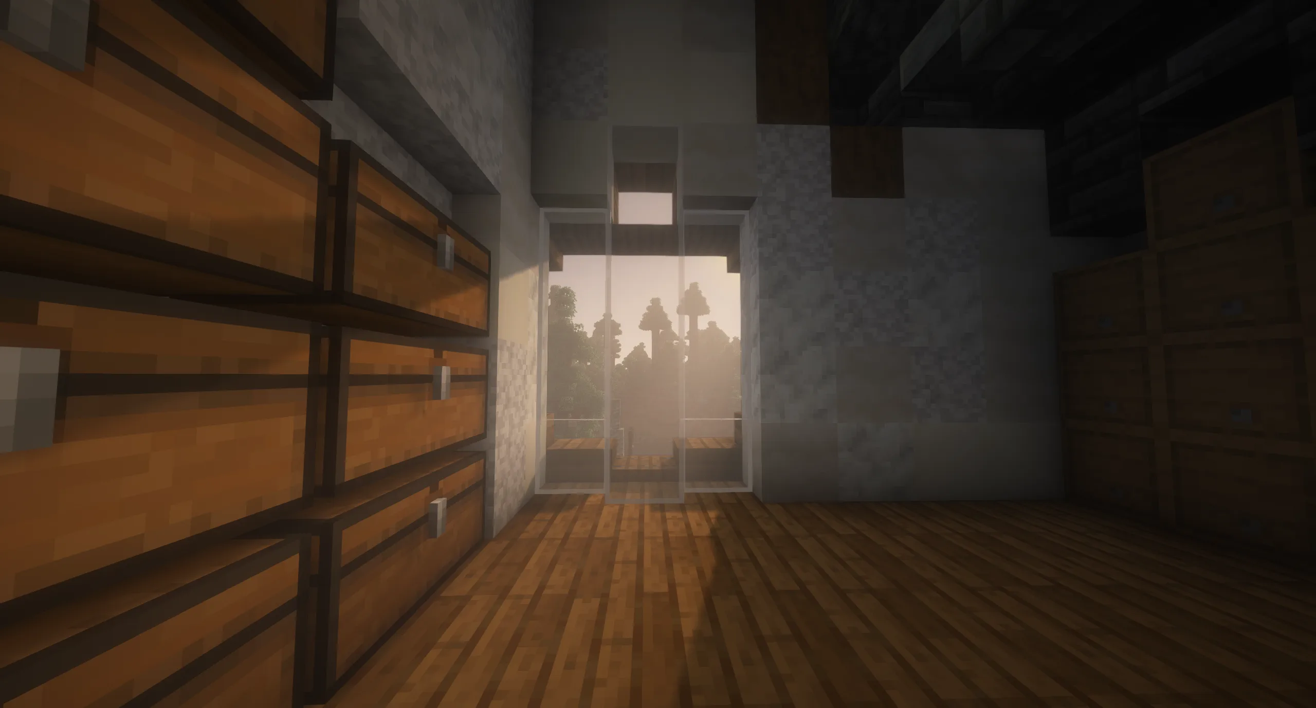 Скриншот ресурспака Rick's Default с улучшенными соединенными текстурами стекла, измененным диоритом и обновленными цветами сундуков.