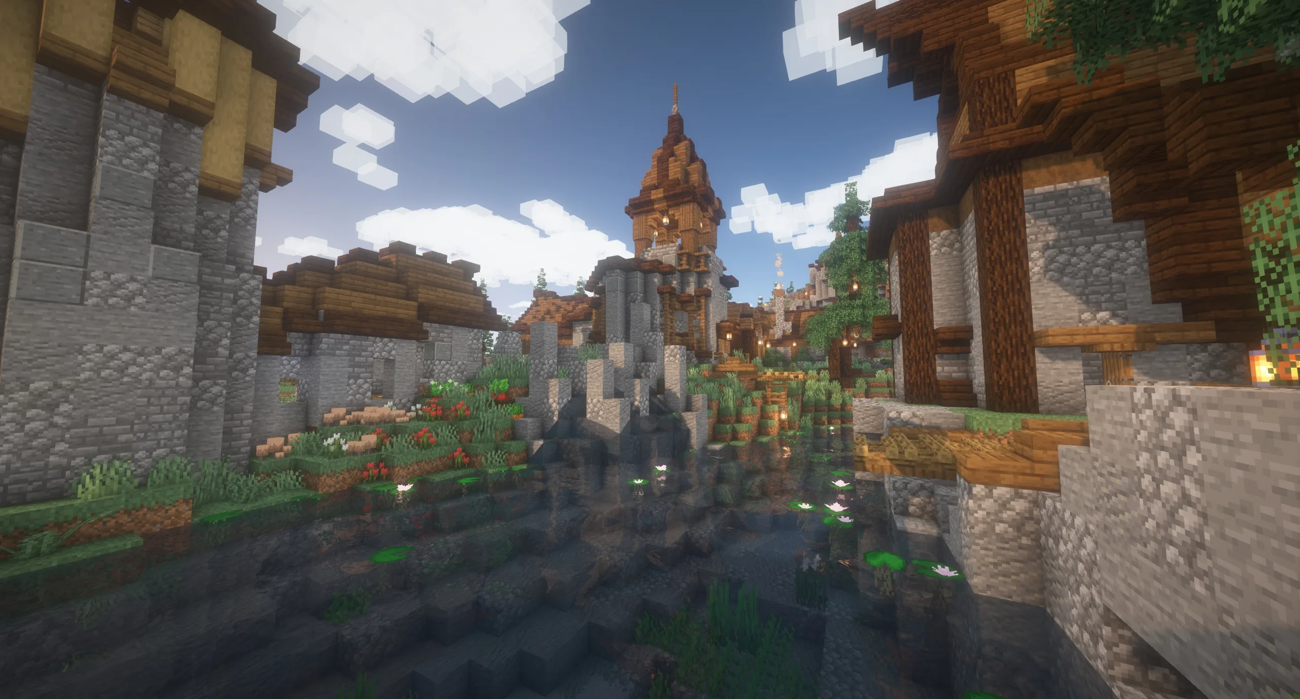 Общий вид текстур Rick's Default с измененными блоками травы, камня, дерева, грибов и цветов.