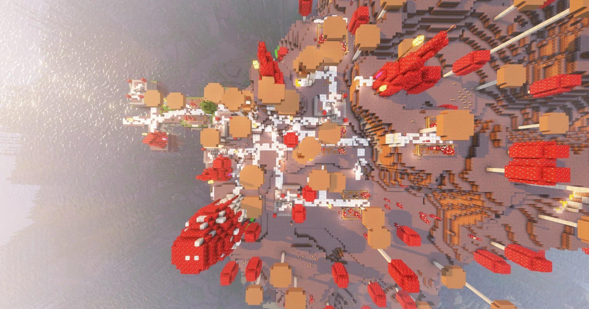 Вид сверху на огромный грибной город с дорожками из диорита.