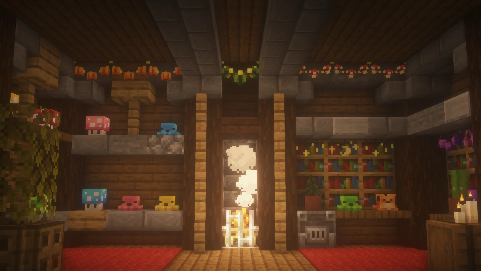 Уютный дом в Minecraft с включенным ночным освещением.