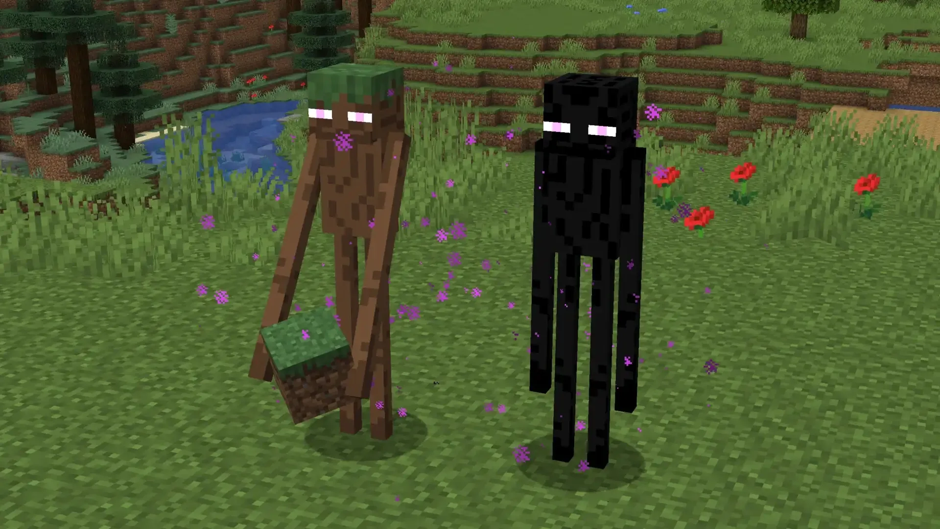 Сравнение обычного эндермена и эндермена с блоком травы в ресурс-паке Example Random Entity Textures