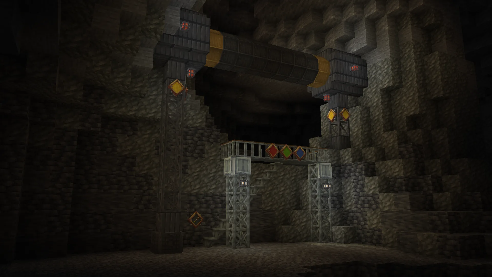 Скриншот с элементами мода Create Deco: корпуса, цветные таблички и опорные блоки.