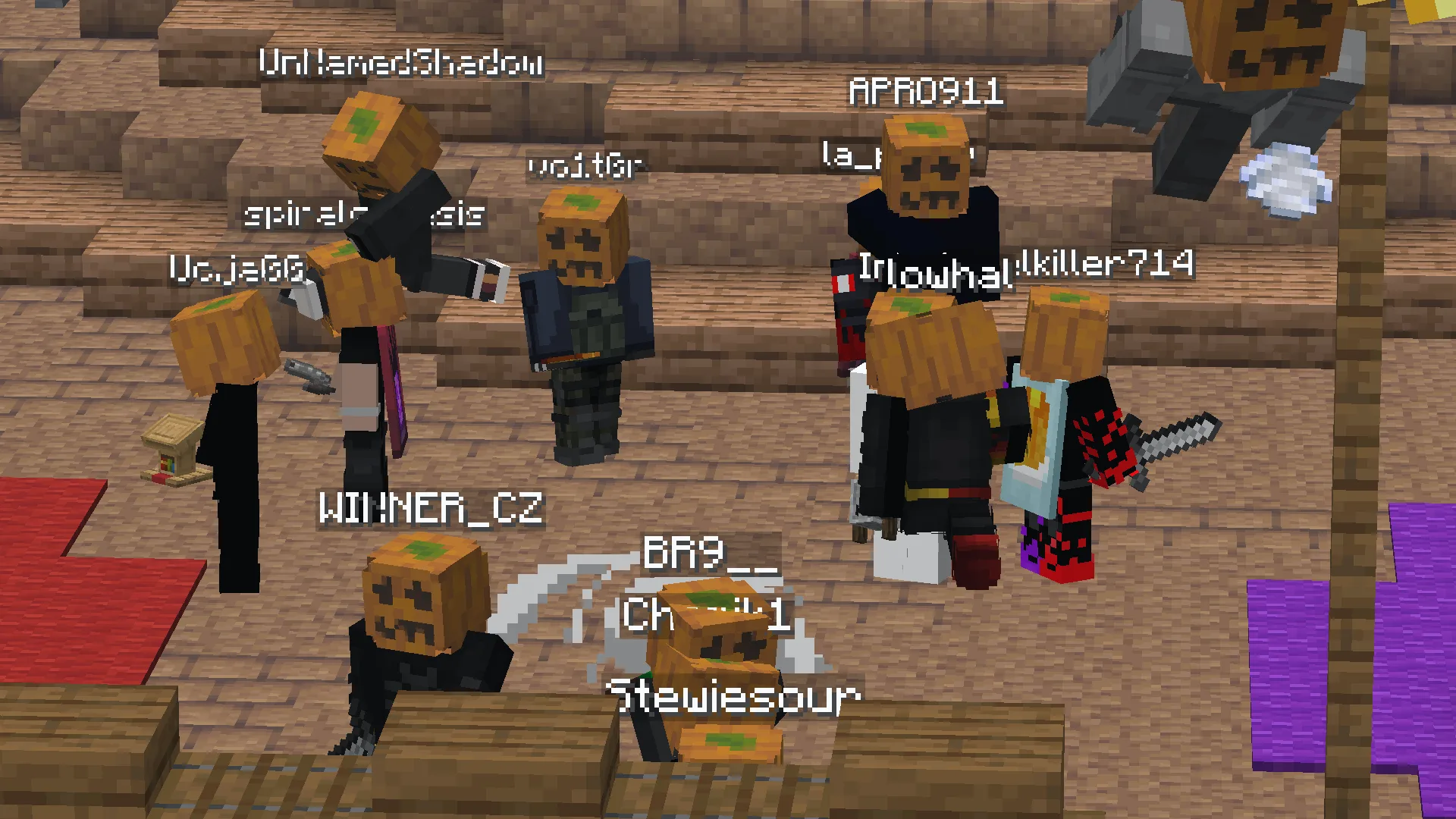 Игроки с тыквенными головами в Minecraft.