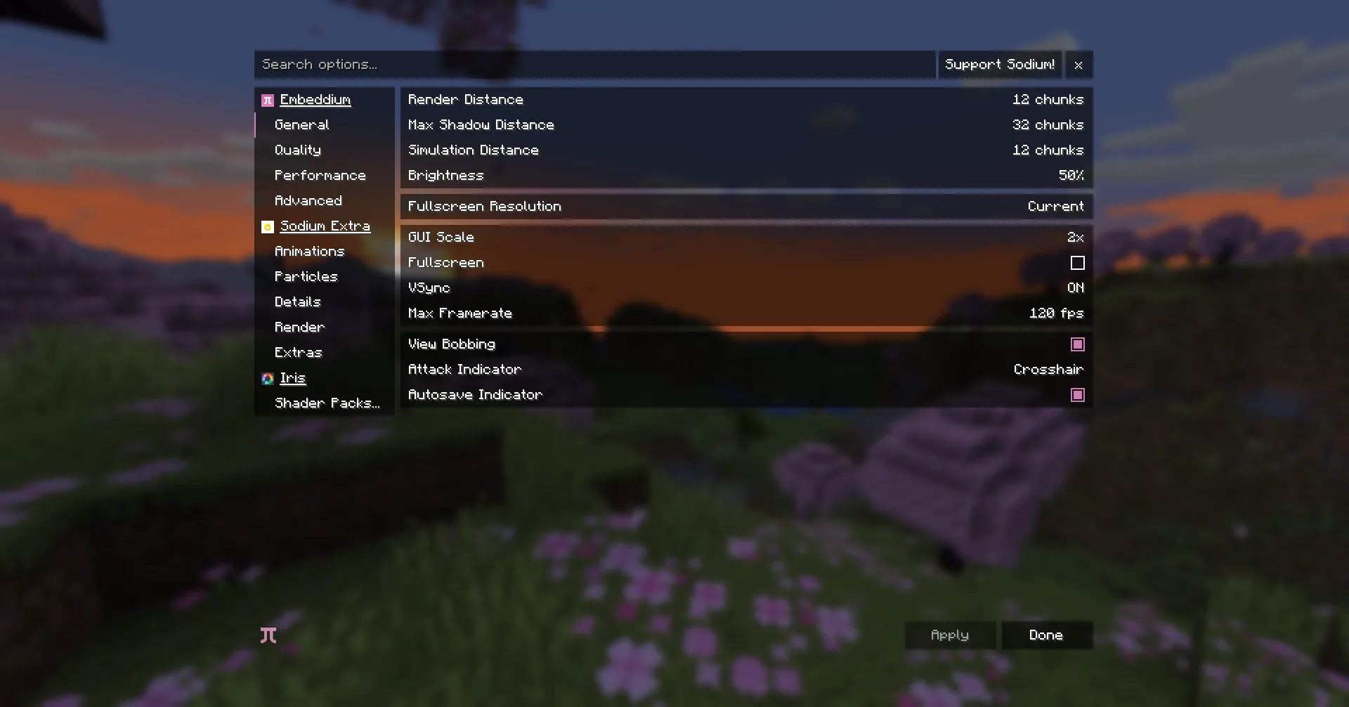 Экран настроек мода Embeddium с улучшенной группировкой параметров и поддержкой сторонних модификаций.