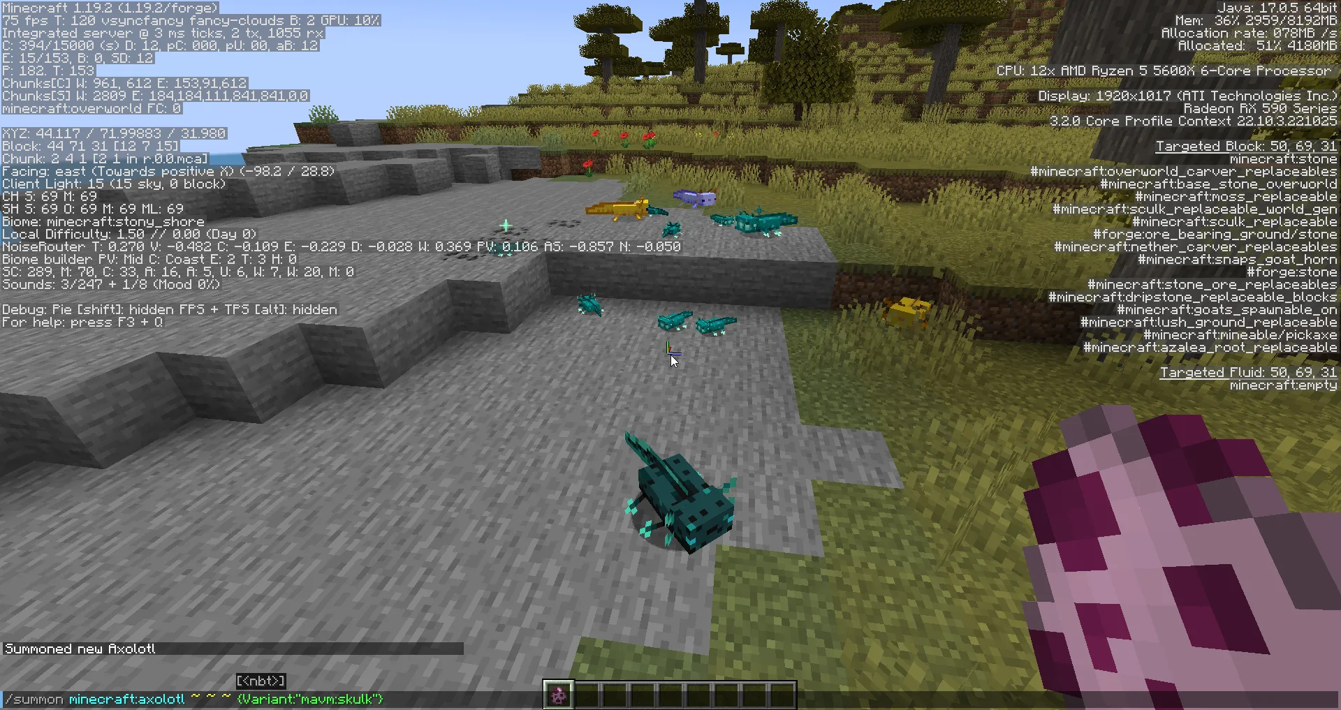 Скриншот работы API More Axolotl Variants в Minecraft Forge.