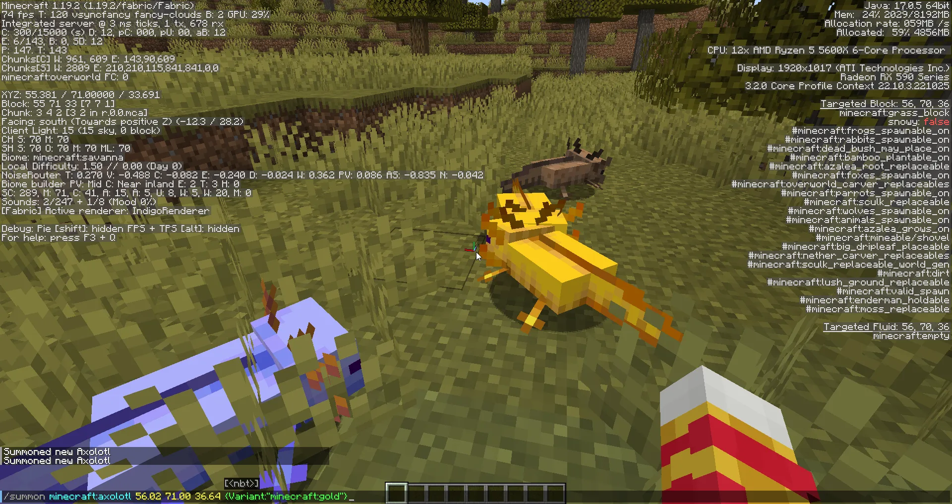 Скриншот работы мода More Axolotl Variants API на платформе Fabric.