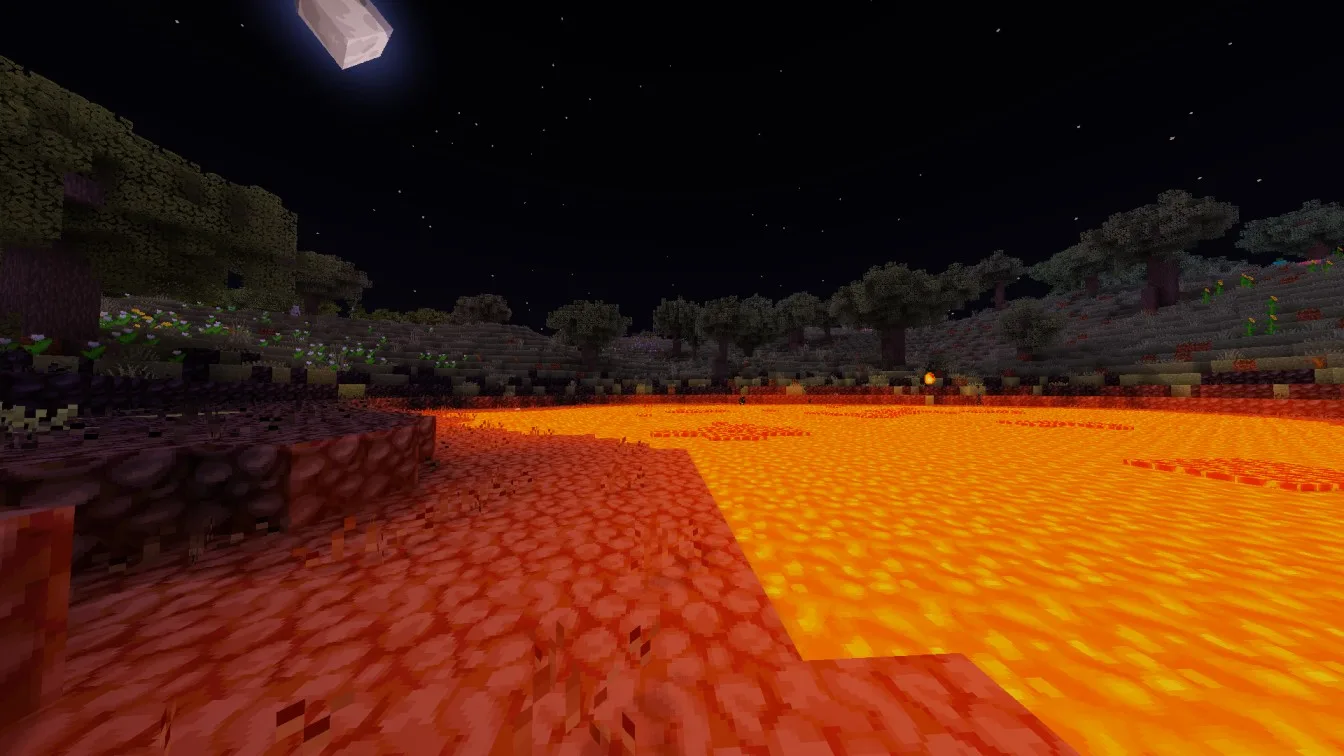 Лавовый пруд ночью с шейдерами Glacier.