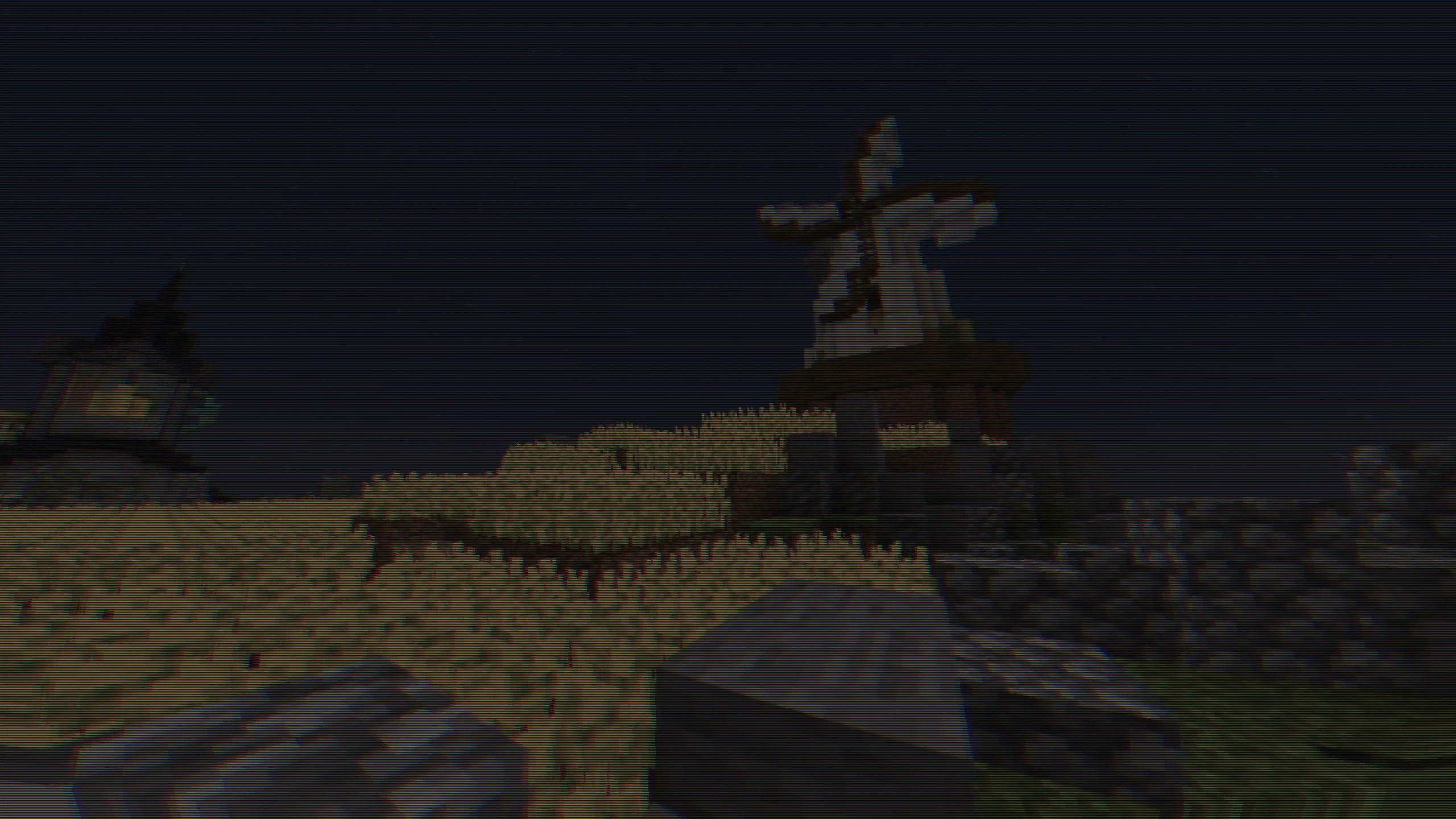 CRT-шейдер, применяемый к ветряной мельнице на ферме.