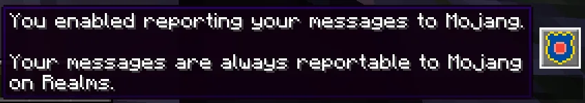 Внутриигровое окно с подсказкой о жалобах в чате Minecraft Realms.