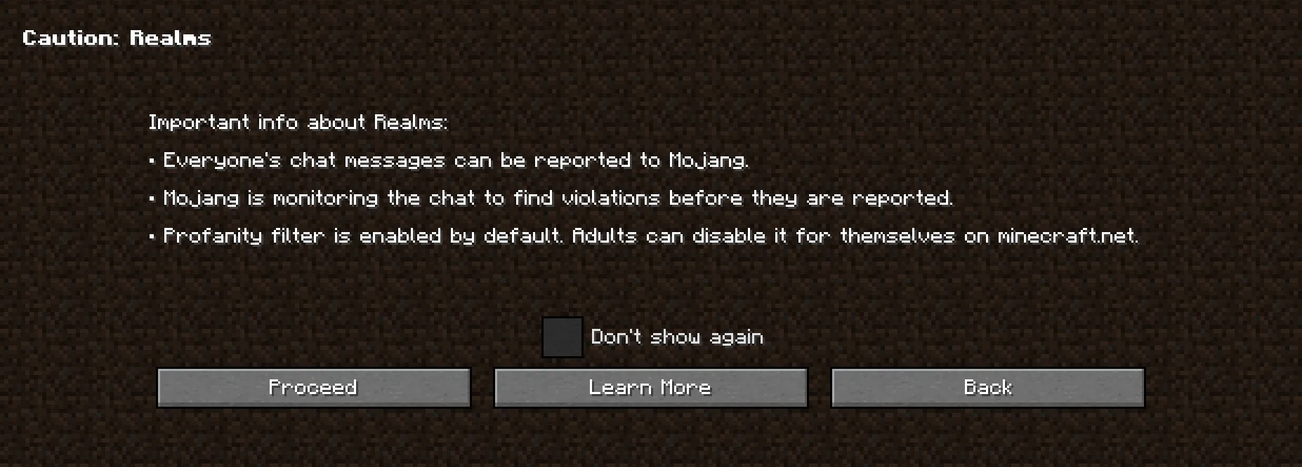 Экран предупреждения Realms с информацией о чат-репортах.