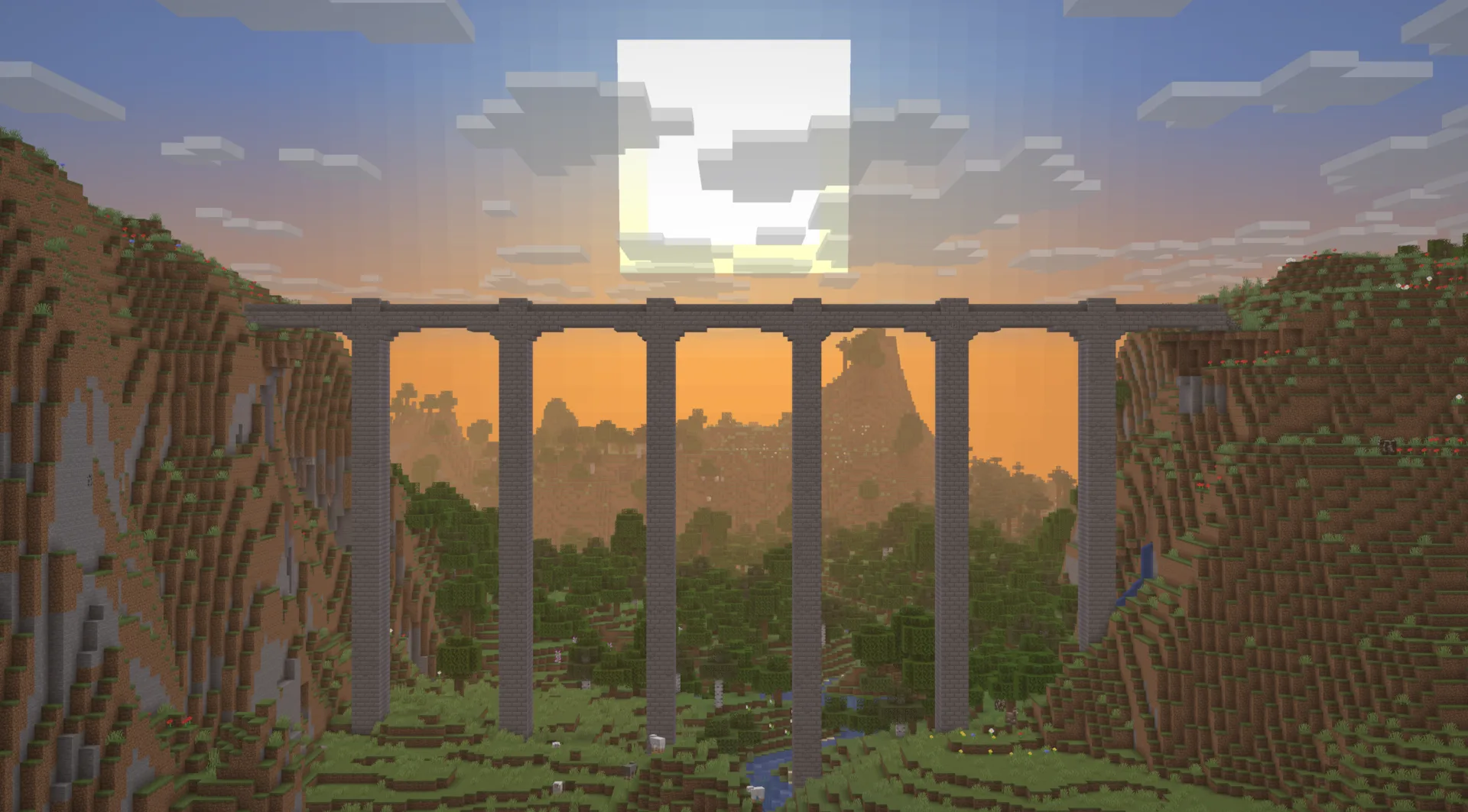 Вид на мост в долине в Minecraft.