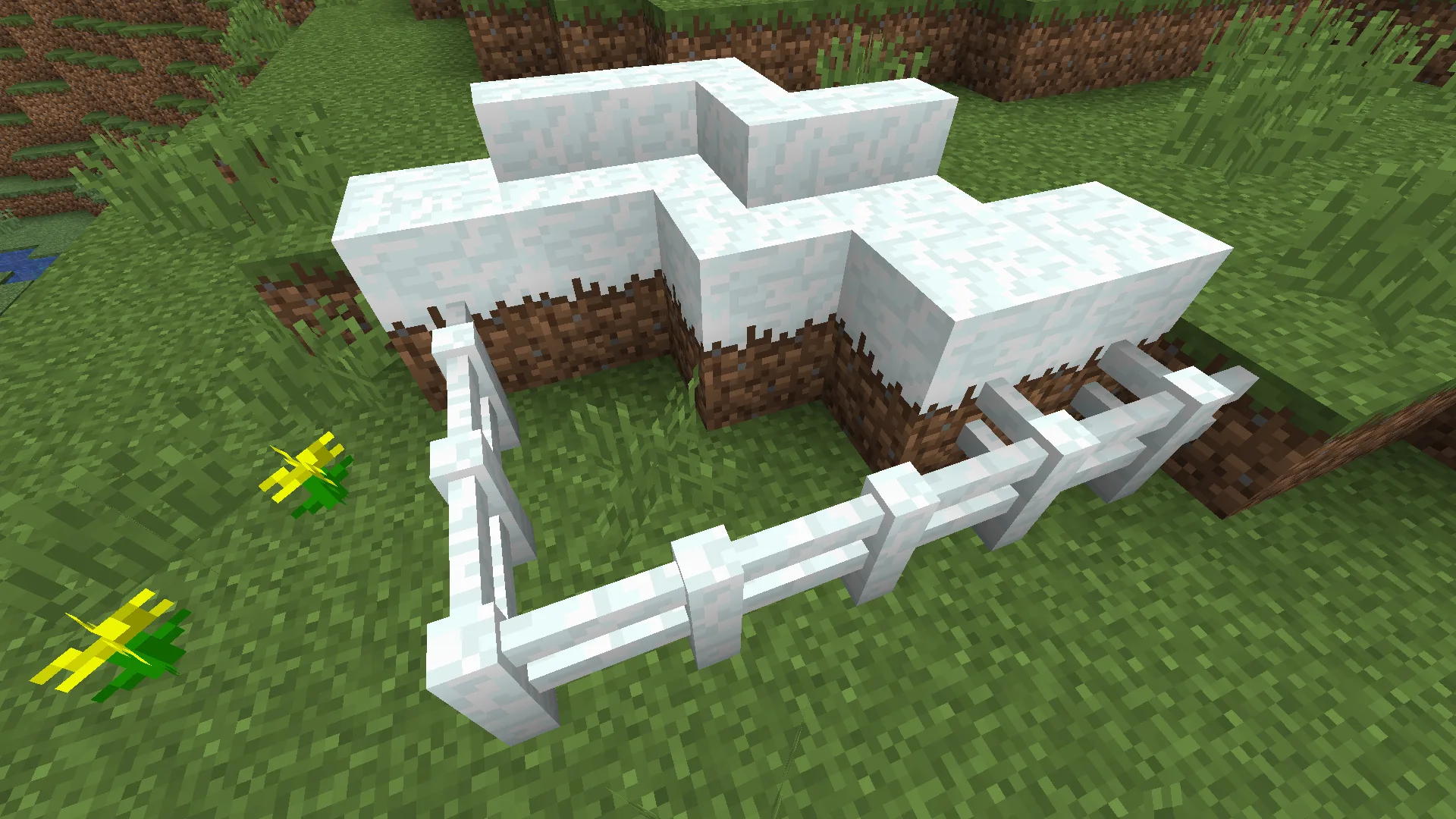 Блоки травы, покрытые снежными ступенями и плитами в стиле ванильного Minecraft.