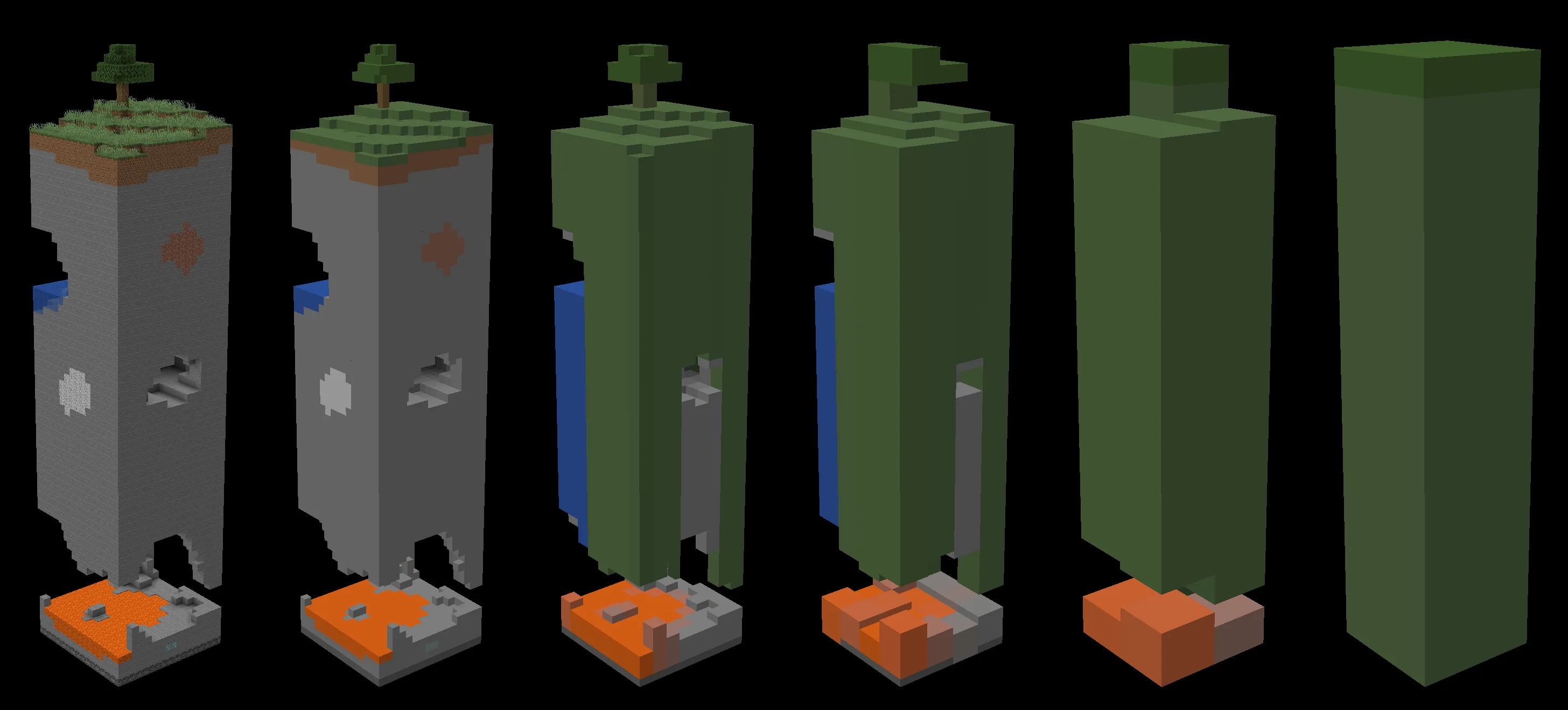 Сравнение уровней детализации чанков в зависимости от дистанции в моде Distant Horizons.