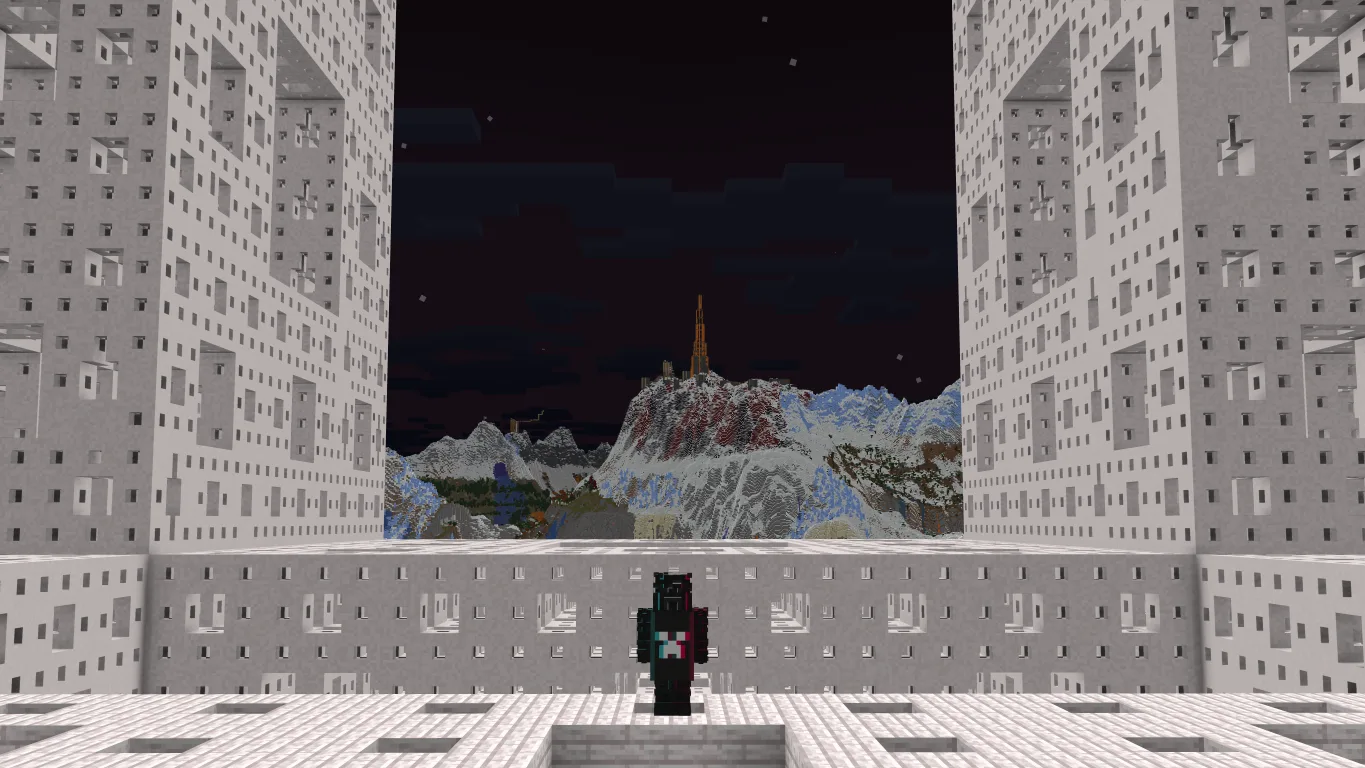 Скриншот-победитель конкурса по моду Distant Horizons: ночной пейзаж в ванильном стиле от игрока vexrypt.