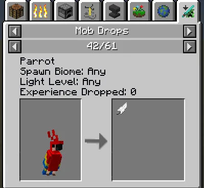 Окно интерфейса мода Just Enough Resources с отображением шансов выпадения предметов из мобов.