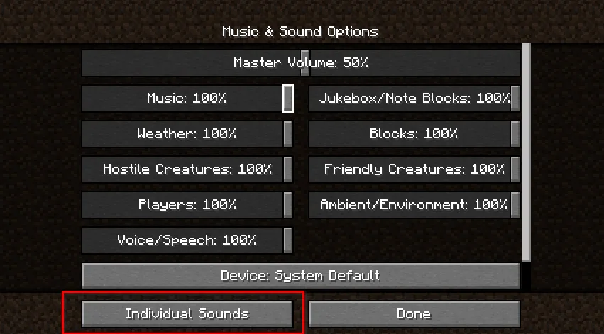 Кнопка настроек звука в меню Minecraft для быстрого доступа к Sound Controller.