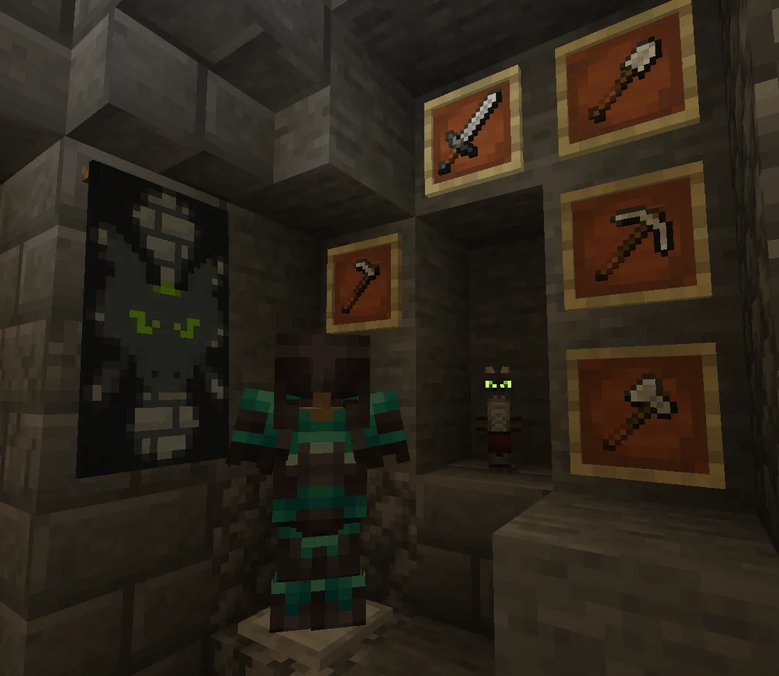 Набор снаряжения с кобольдской тематикой: броня с отделкой, знамя и инструменты.