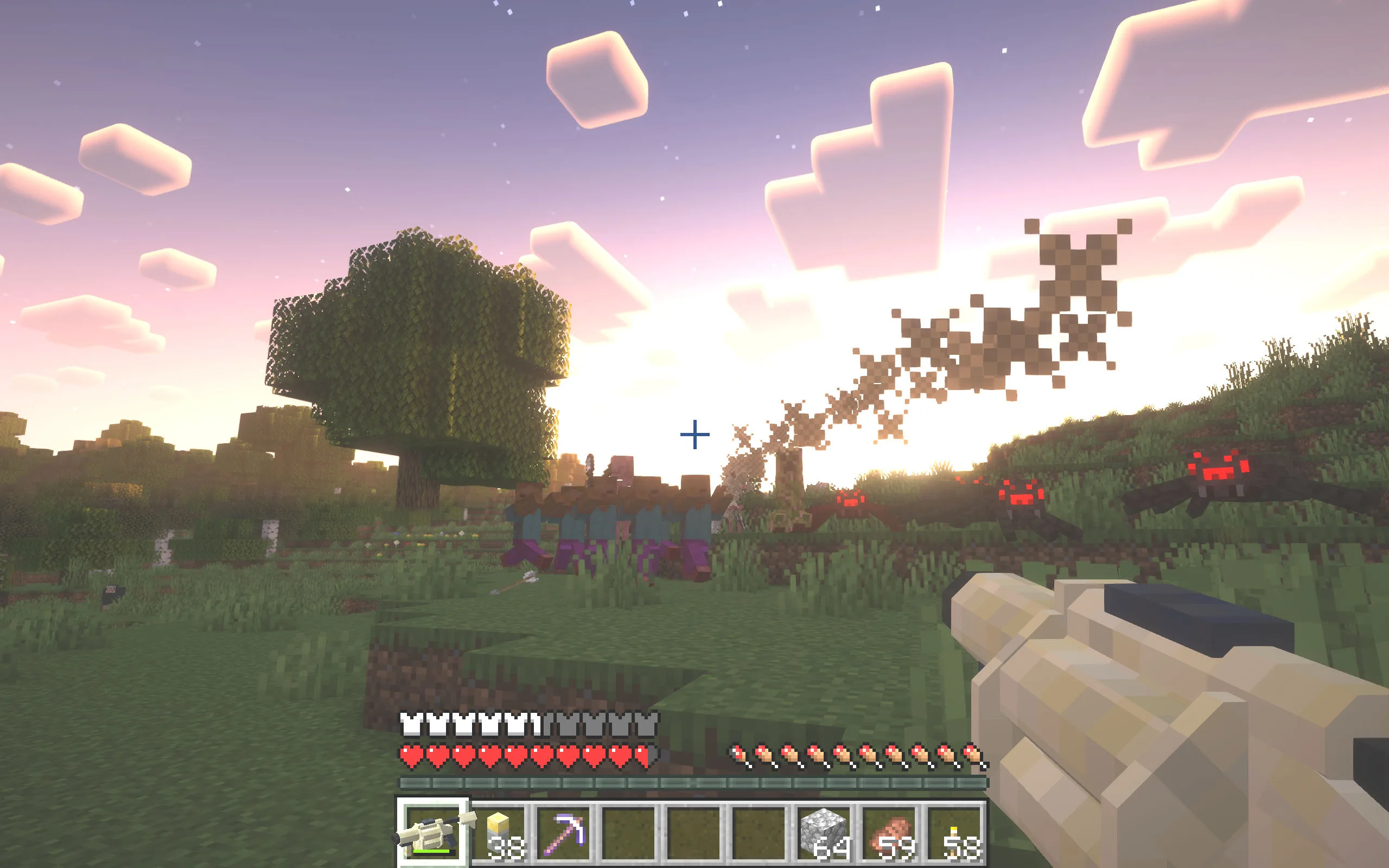 Игрок использует гранатомет Milkor MGL против толпы монстров в Minecraft.