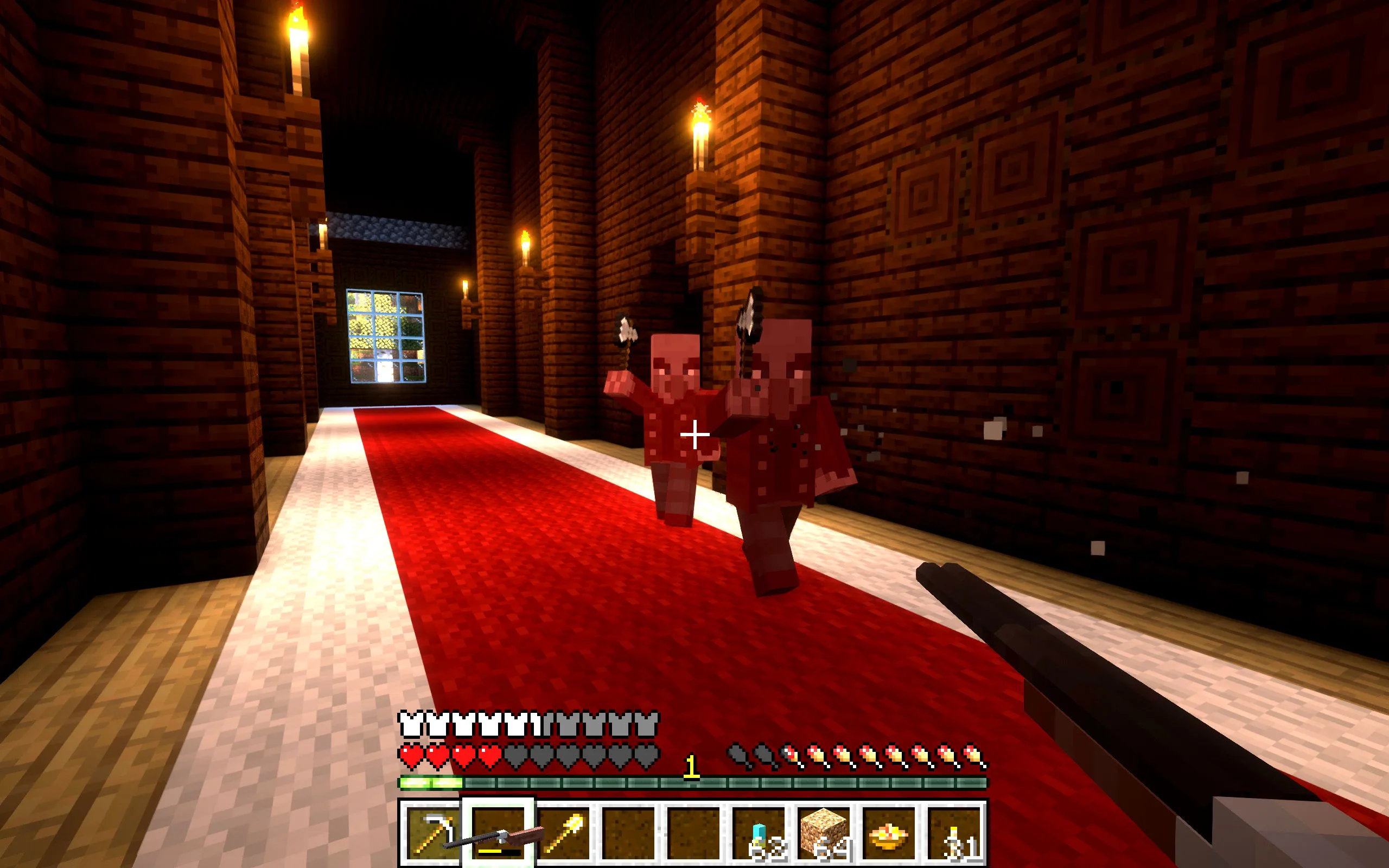 Двуствольное ружье Beretta 486 в бою против поборников в Minecraft.