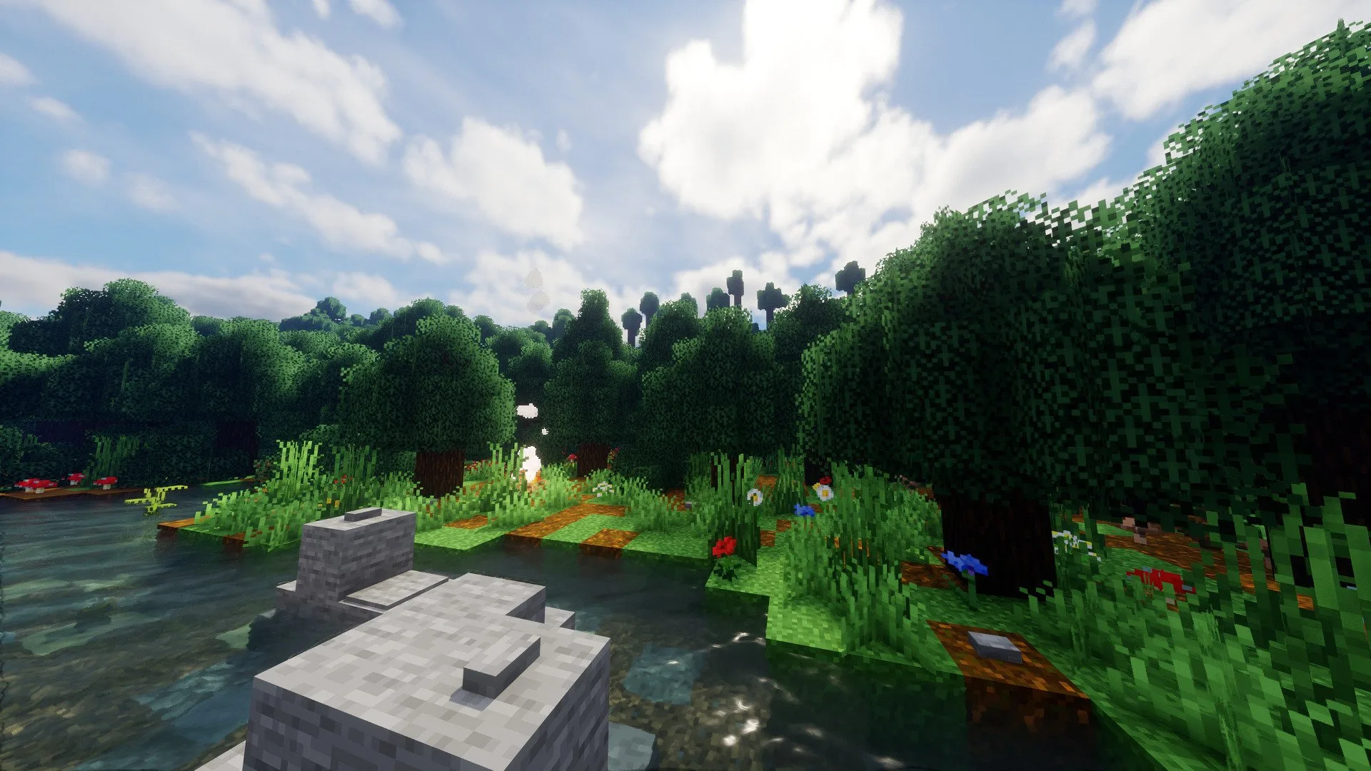 Лучшие листья в пользовательском еловом лесу с шейдерпаком Bliss.