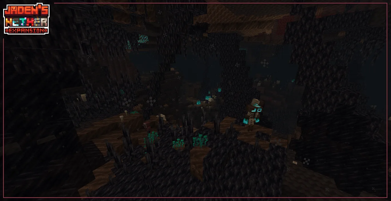 Ледяные горы из черного льда в биоме Нижнего мира из мода Jaden's Nether Expansion.