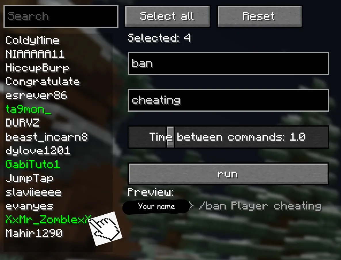 Выбор игрока в меню мода Command per Player