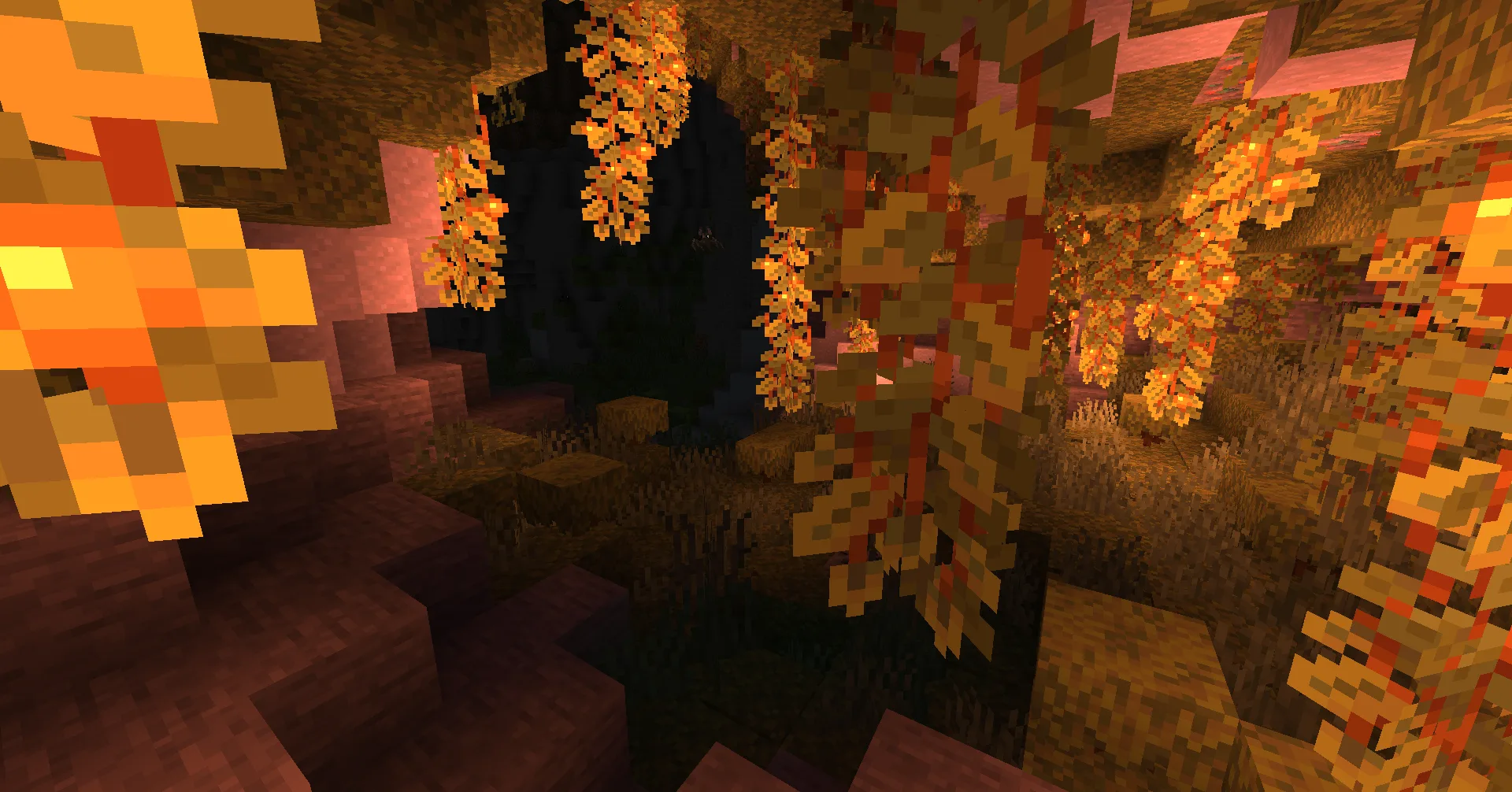 Пышная пещера с светящимися ягодами.