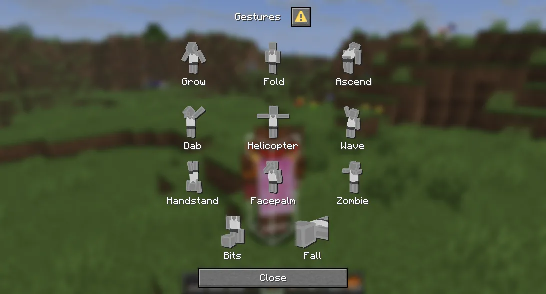 Интерфейс выбора эмоций и жестов в игре Minecraft.