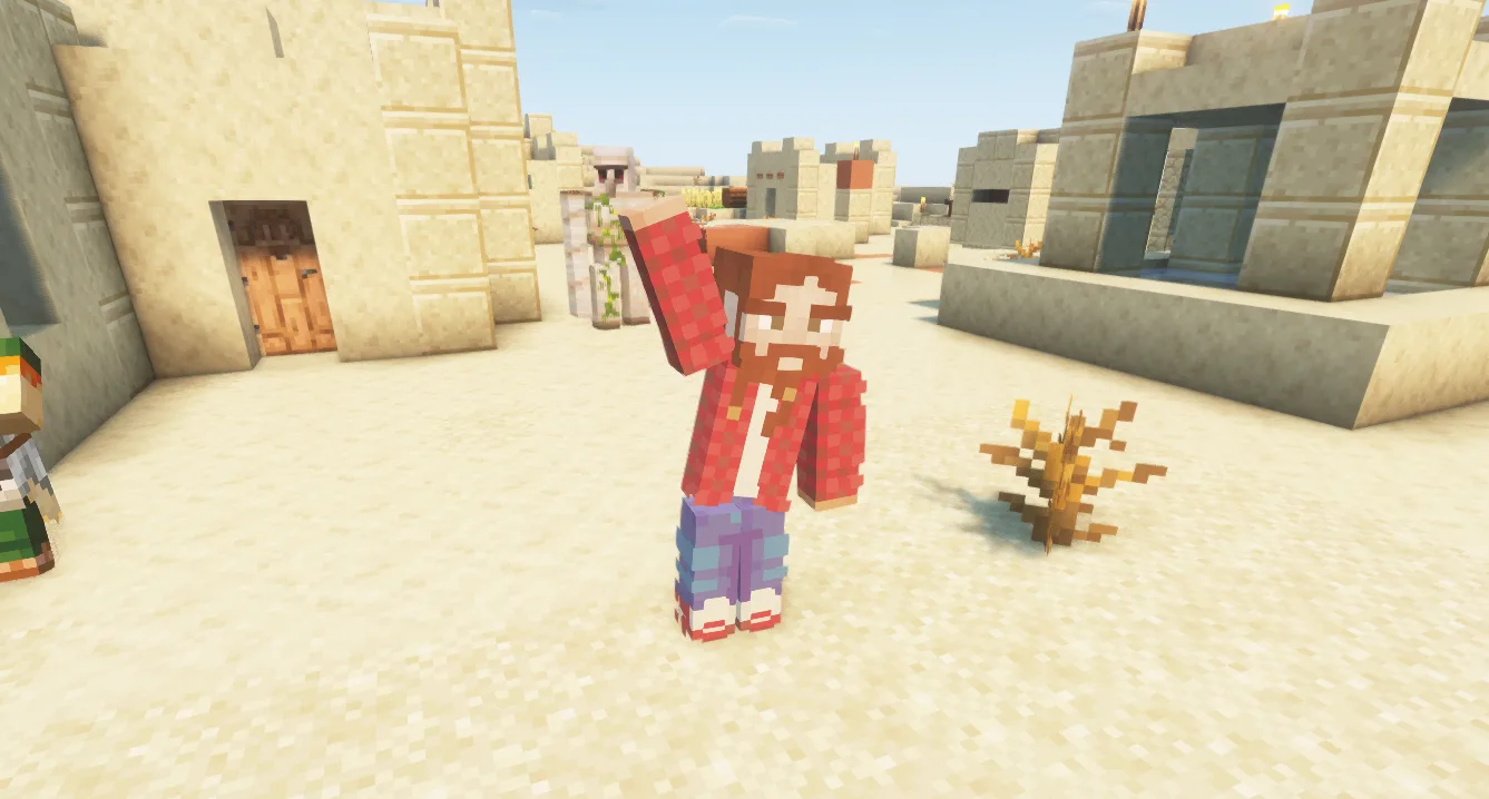 Персонаж в Minecraft выполняет жест приветствия (махание рукой).
