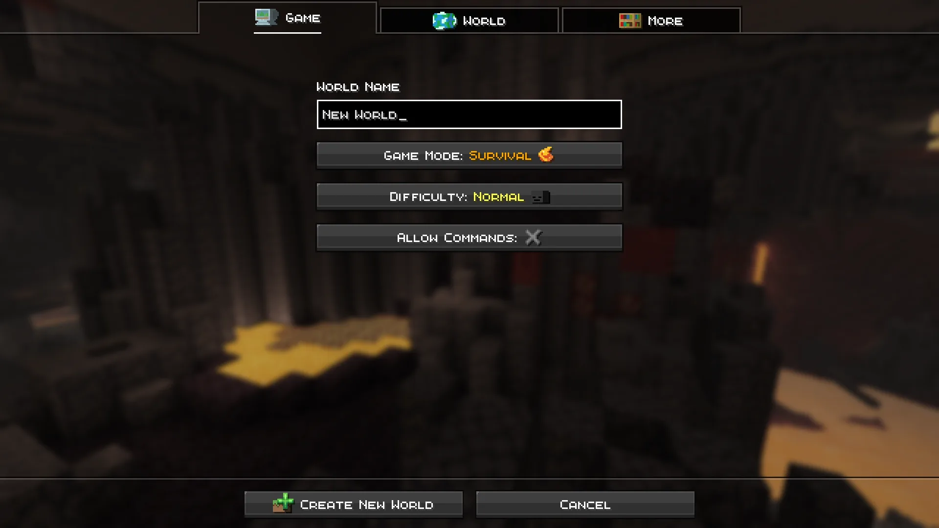 Экран создания нового мира в стиле Flint Flamer Menus