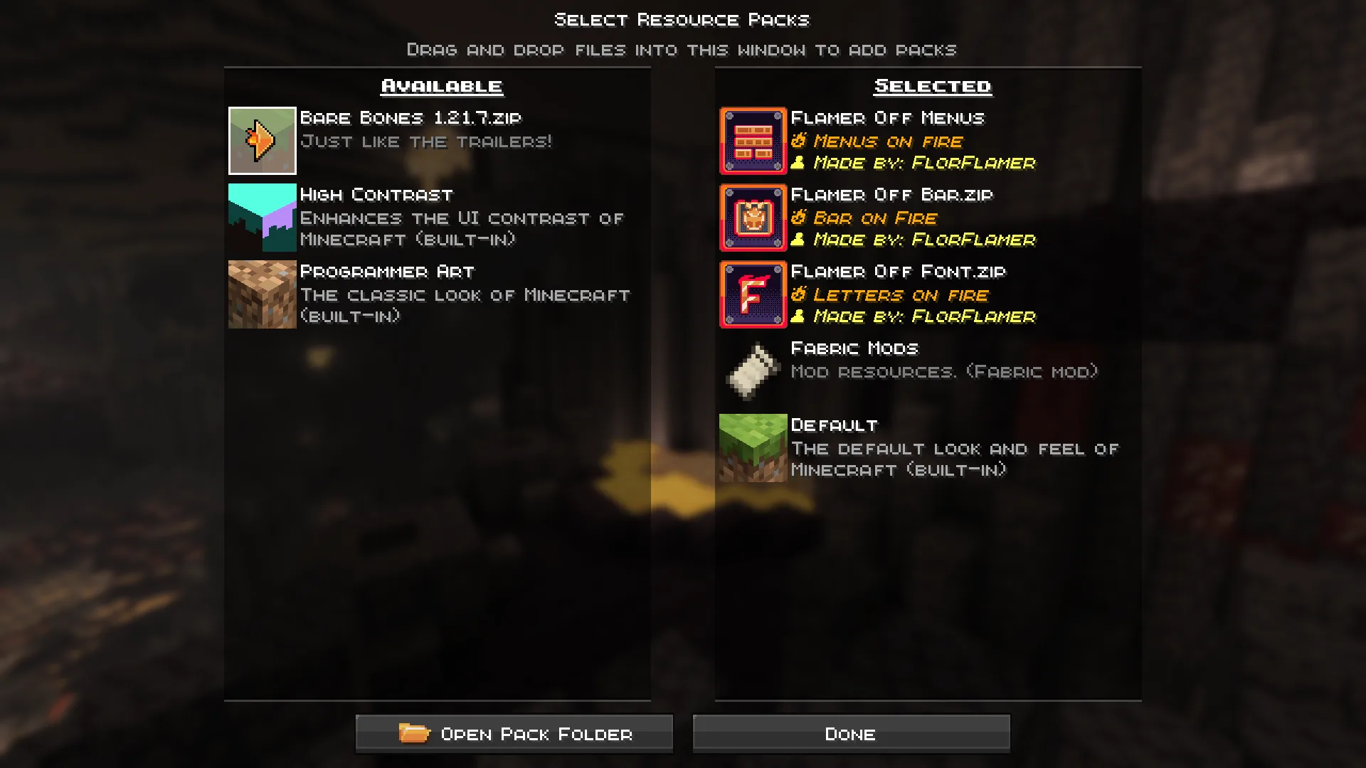 Меню выбора ресурс-паков Flint Flamer Menus