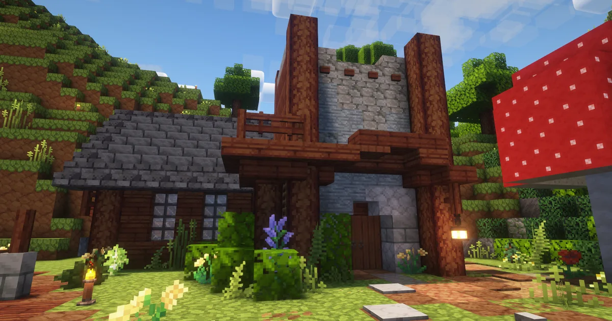 Стартовая база в мире Minecraft с использованием ресурспака Spectral.