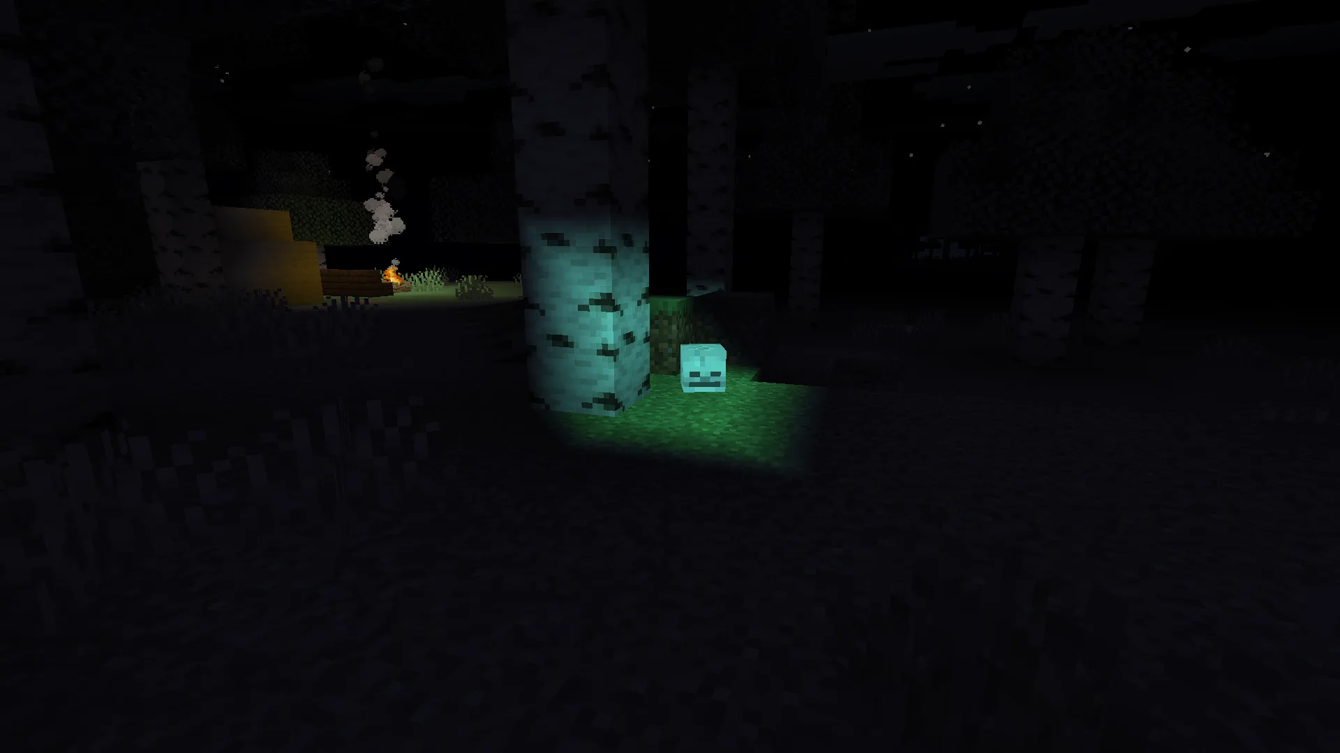 Фонарь в Minecraft, освещающий костер.
